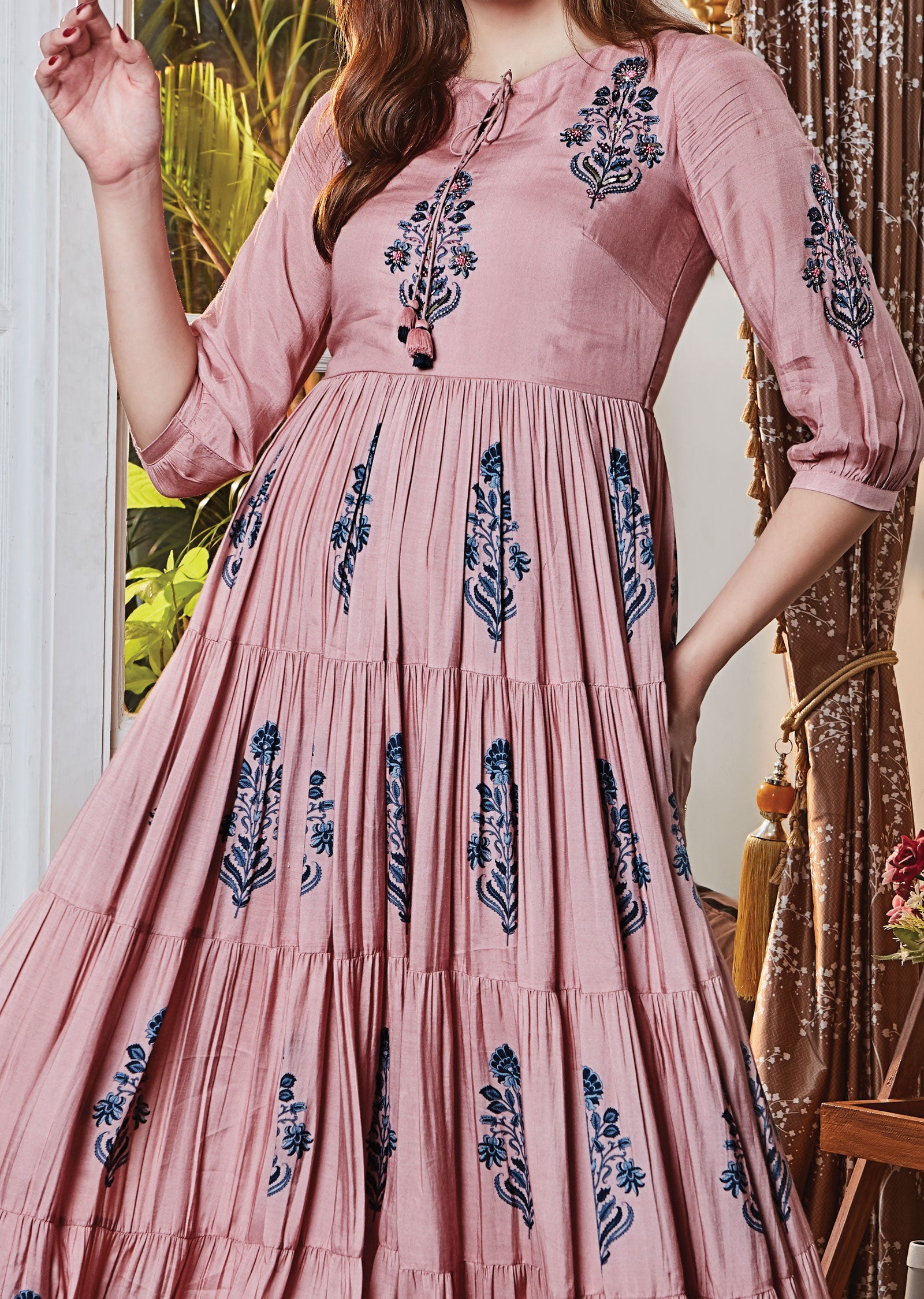 Dusty Pink Frock Style Kurti with Zardosi and Sequence Work