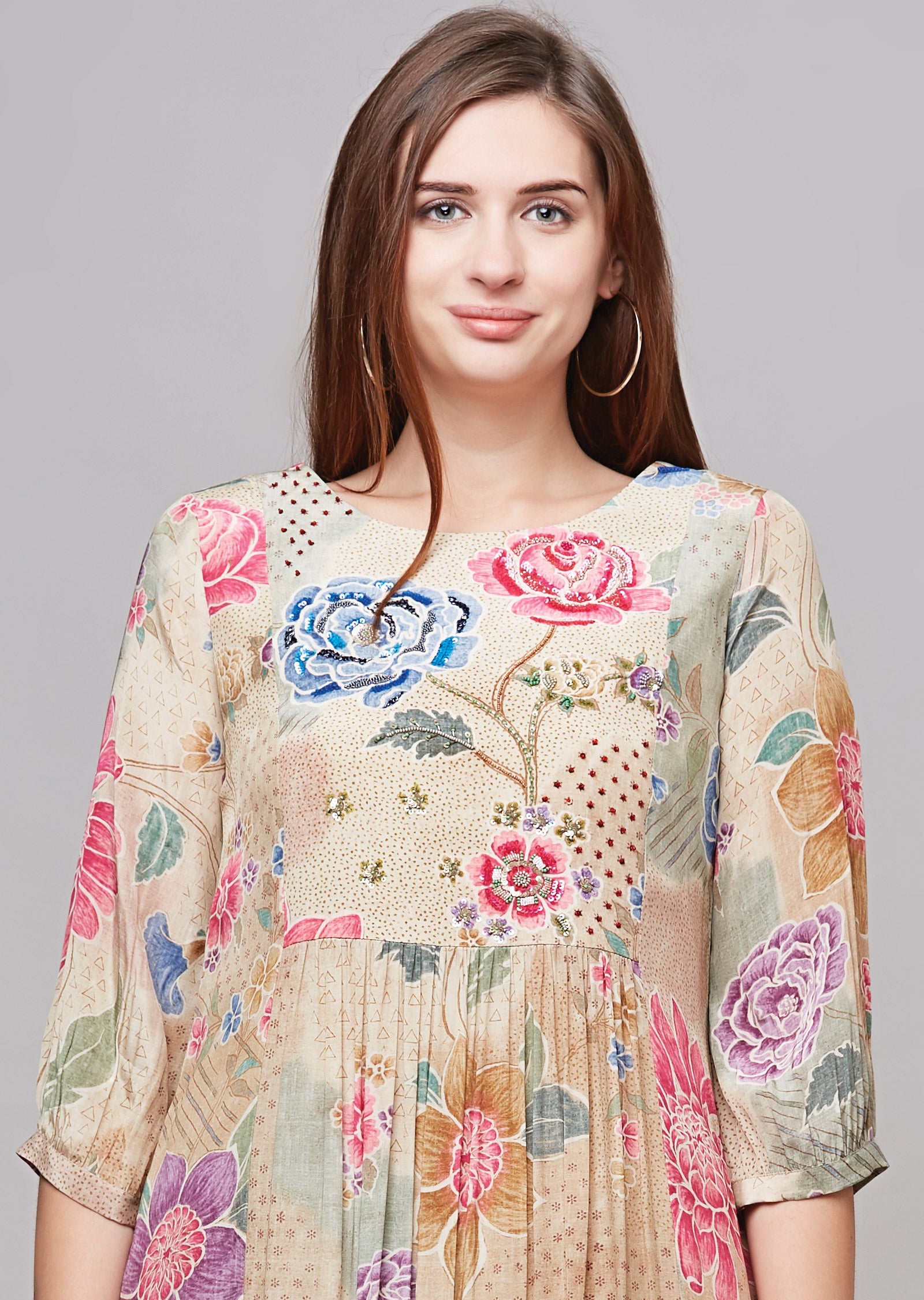 Beige Crepe Kurti Frock Style