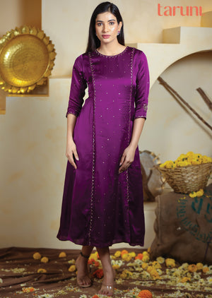 Purple Linen Satin Kurti Frock Style