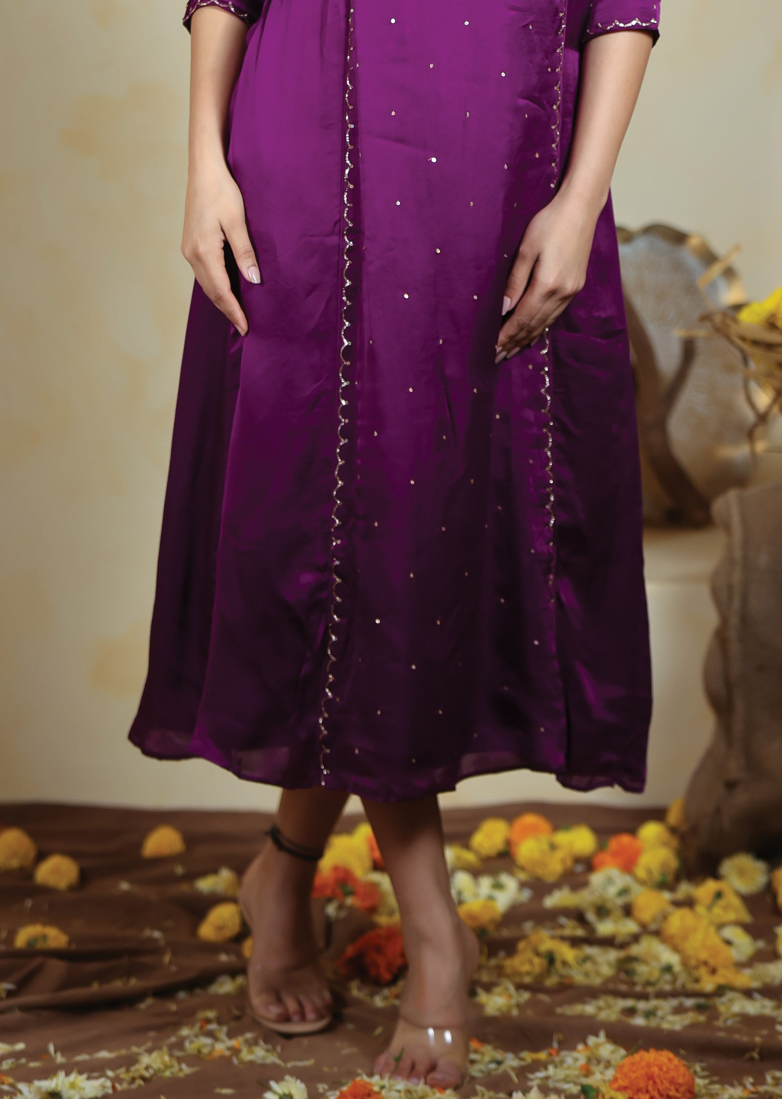 Purple Linen Satin Kurti Frock Style