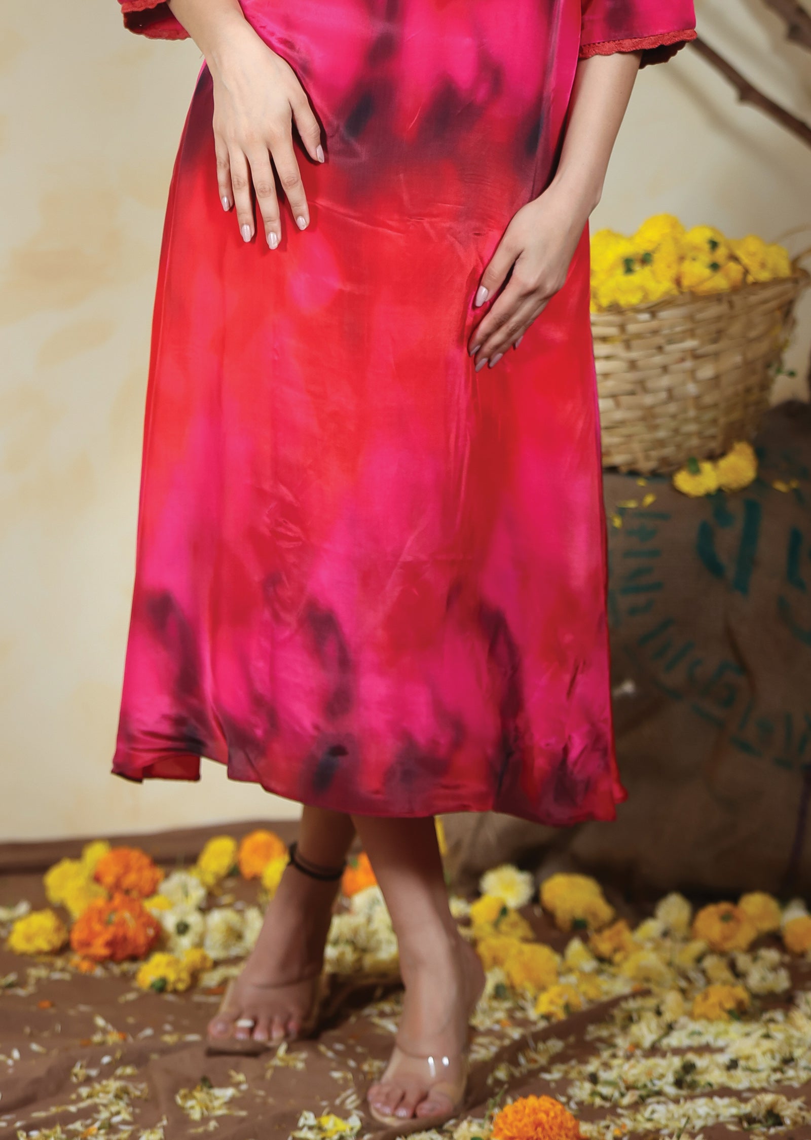 Red & Pink Crepe Kurti Frock Style