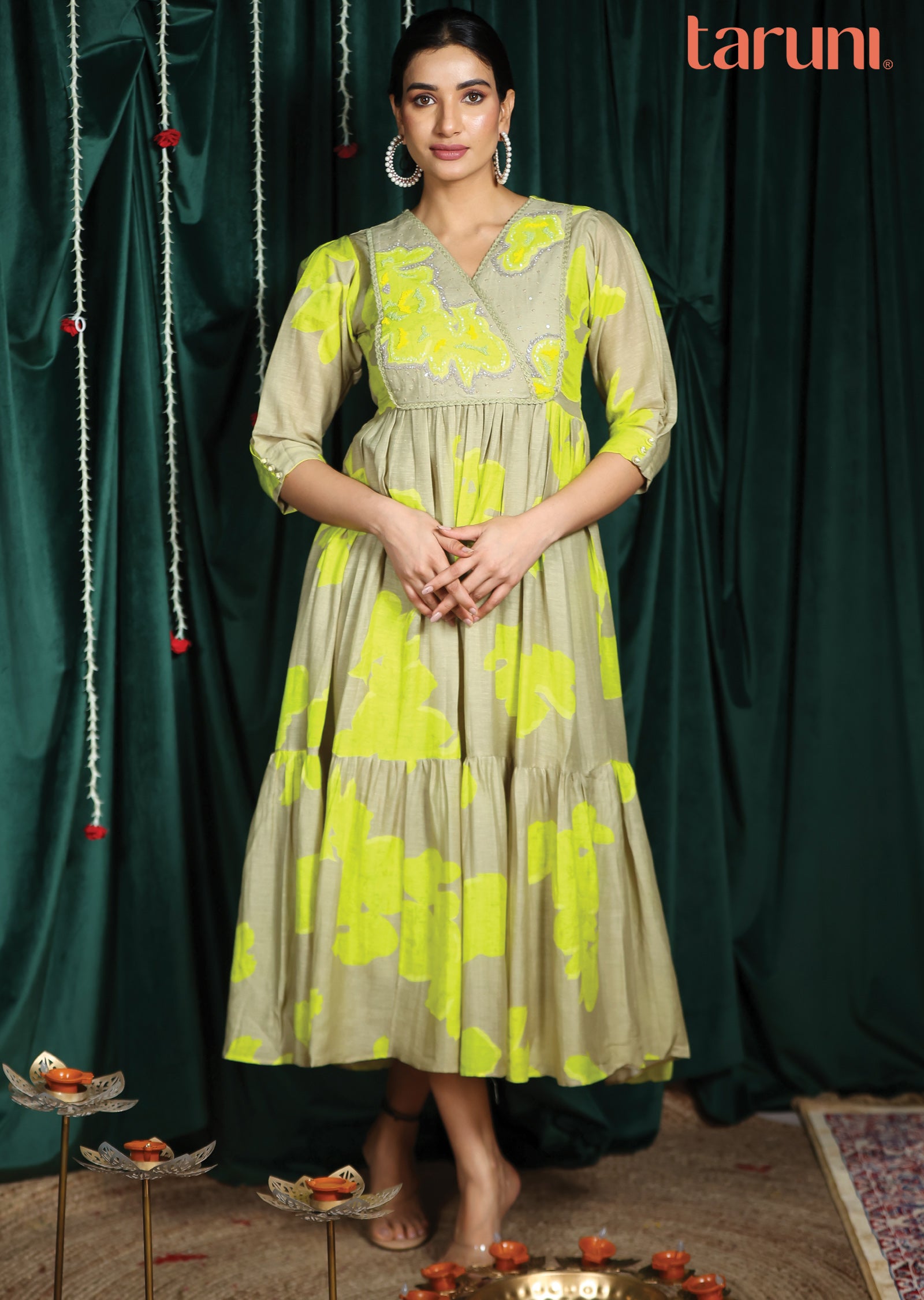 Grey & Neon Green Linen Silk Kurti Frock Style