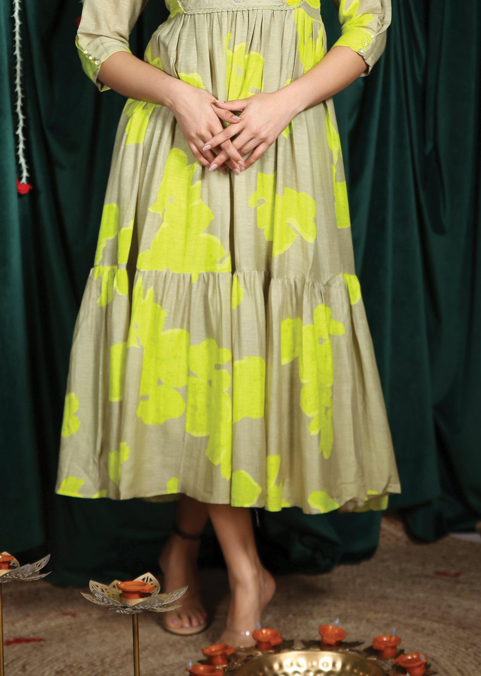 Grey & Neon Green Linen Silk Kurti Frock Style