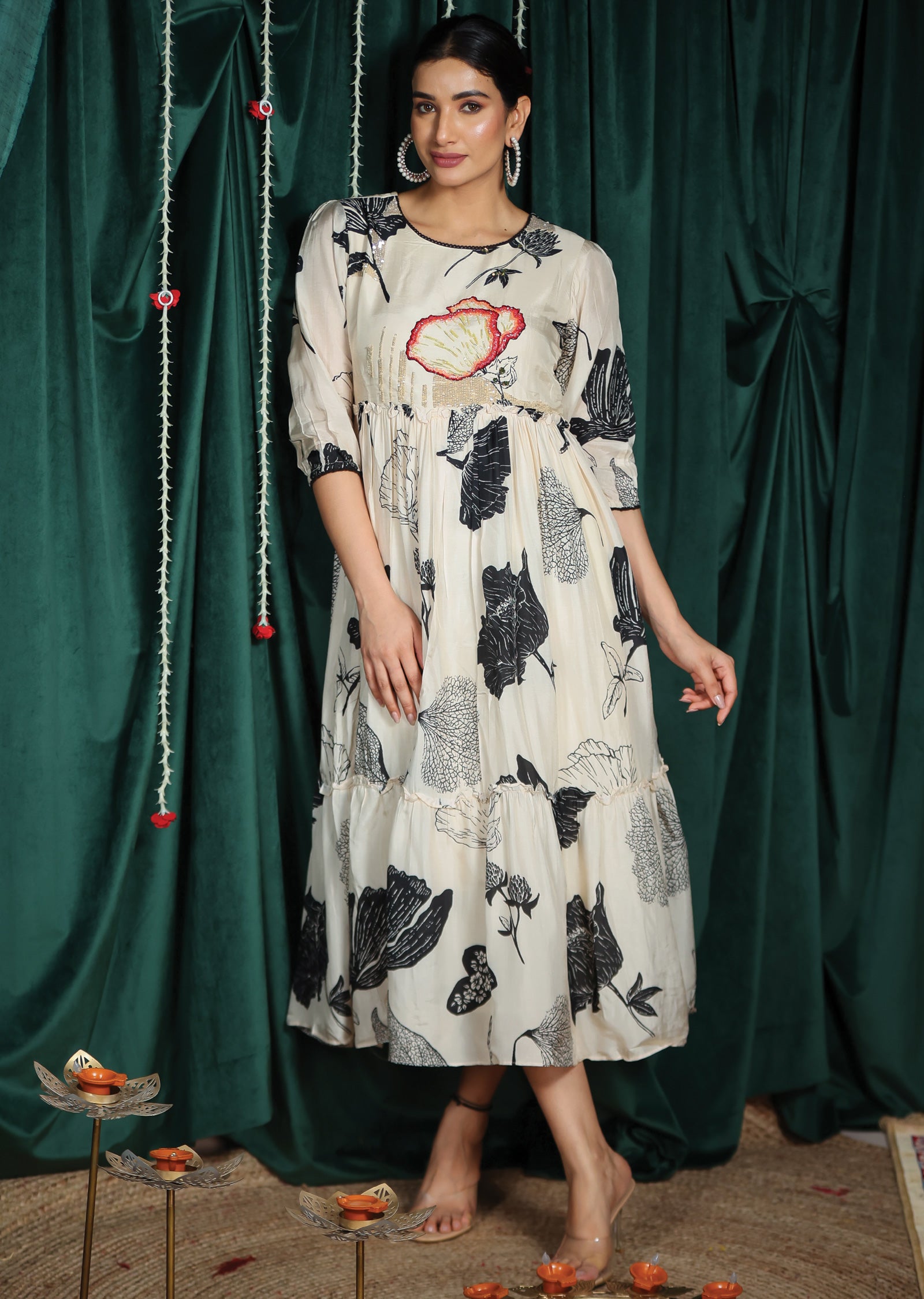 Beige & Black Silk Kurti Frock Style