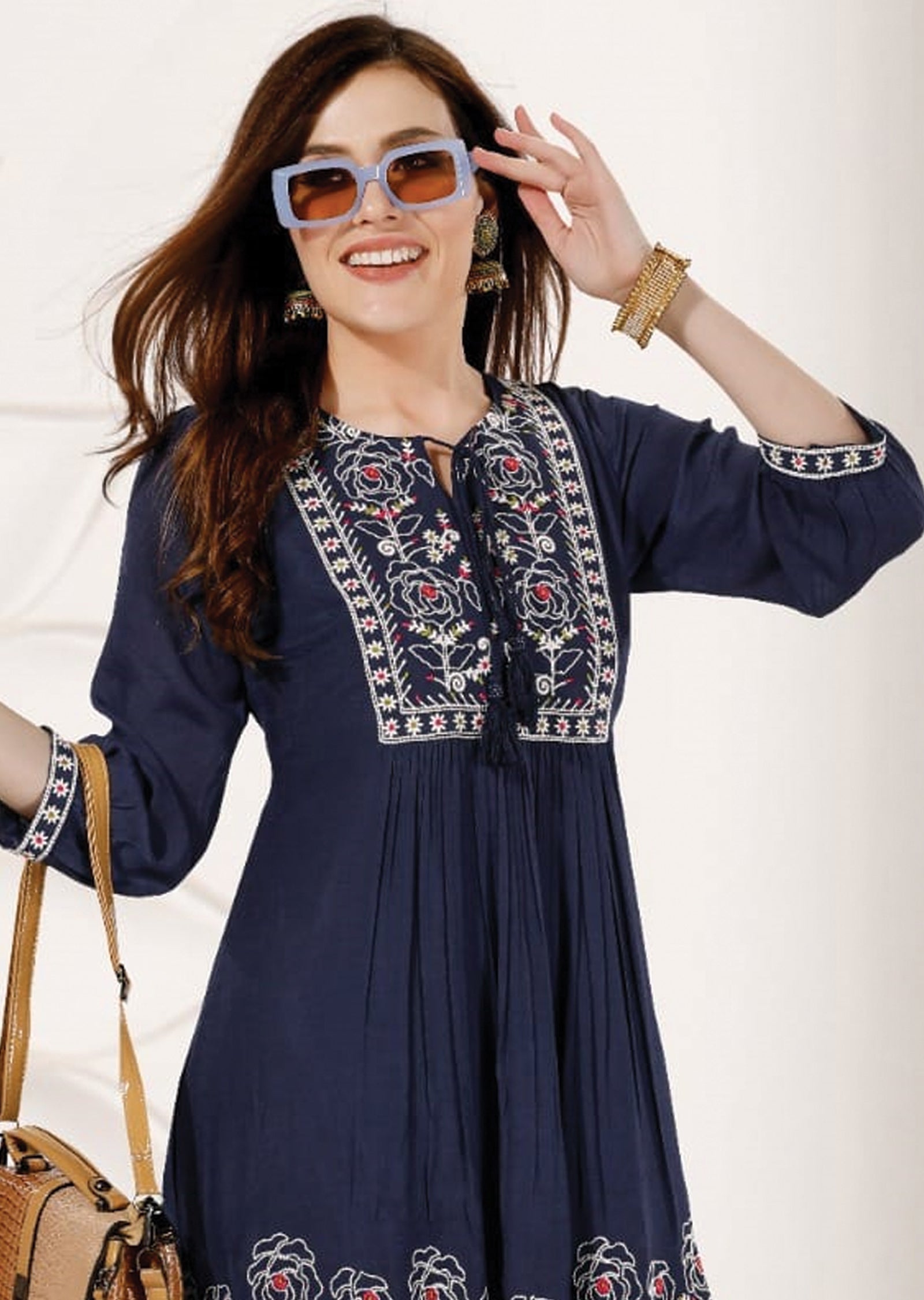 Navy Blue Linen Georgette Kurti Frock Style