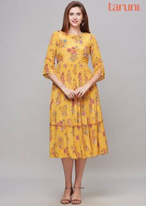 Yellow Crepe Kurti Frock Style