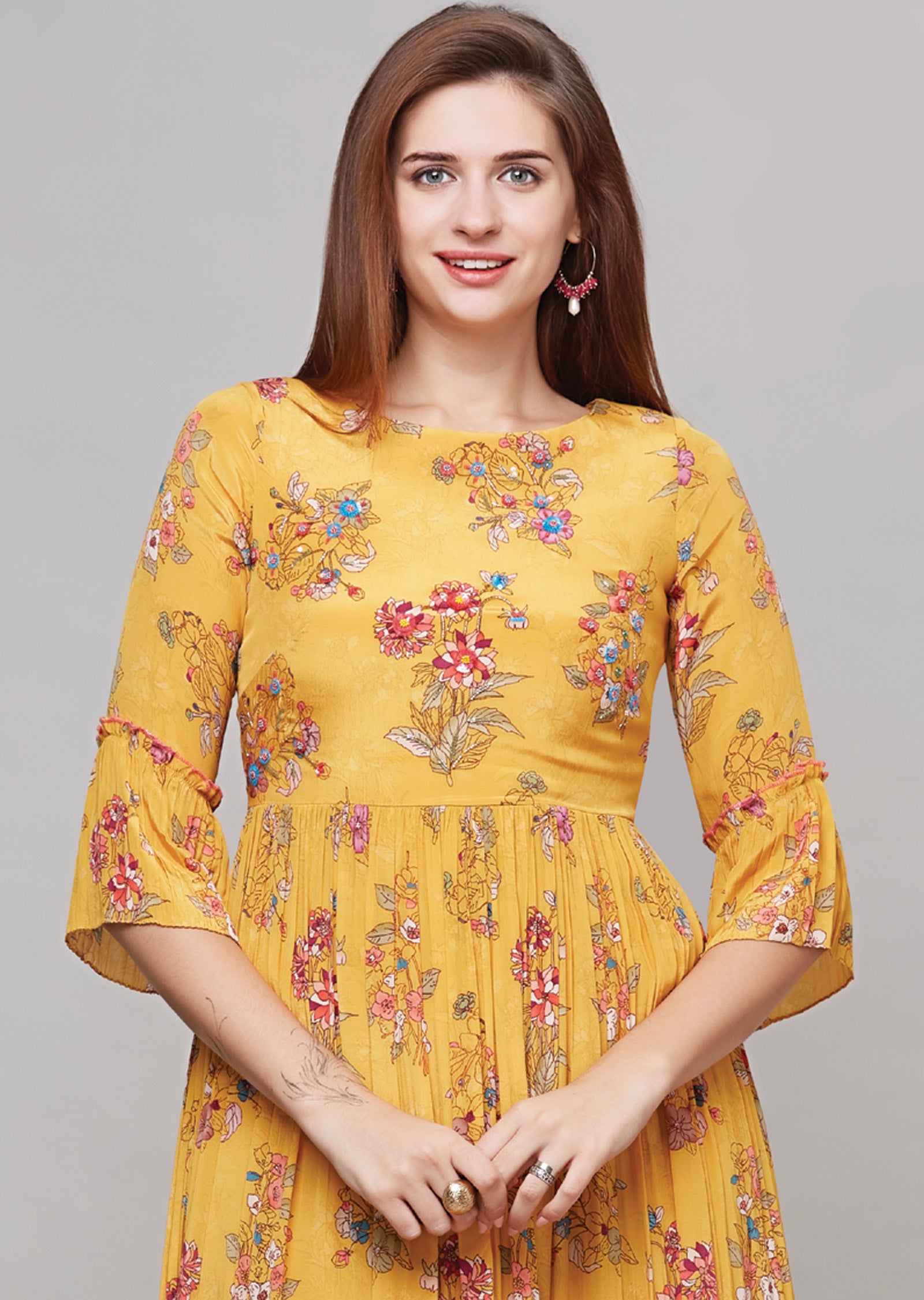 Yellow Crepe Kurti Frock Style