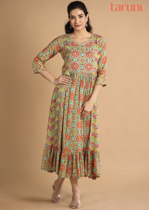 Green & Pink Muslin Kurti Frock Style