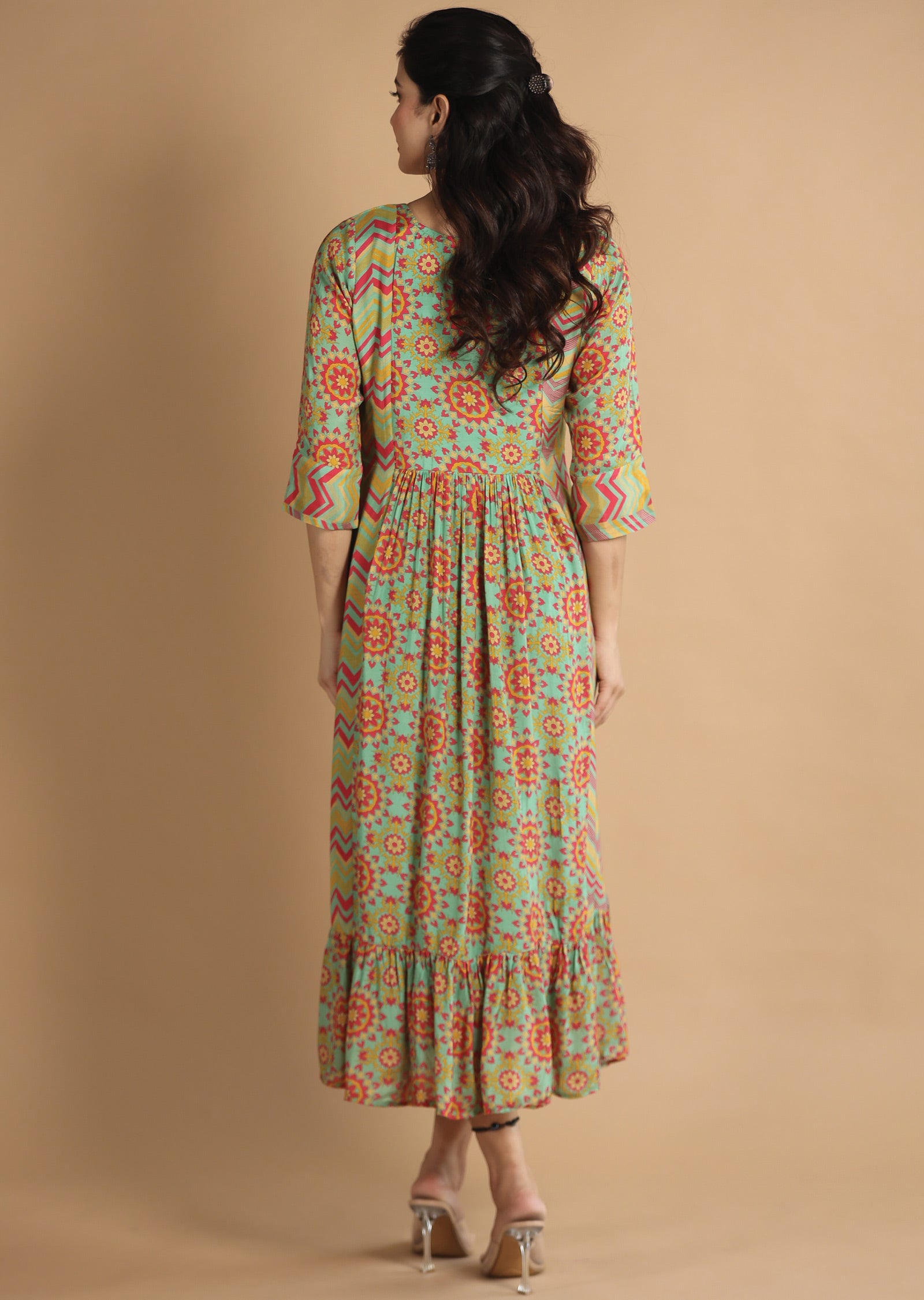 Green & Pink Muslin Kurti Frock Style