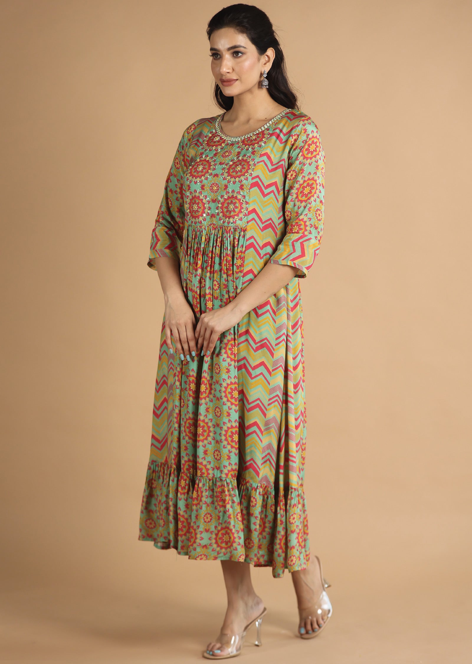 Green & Pink Muslin Kurti Frock Style