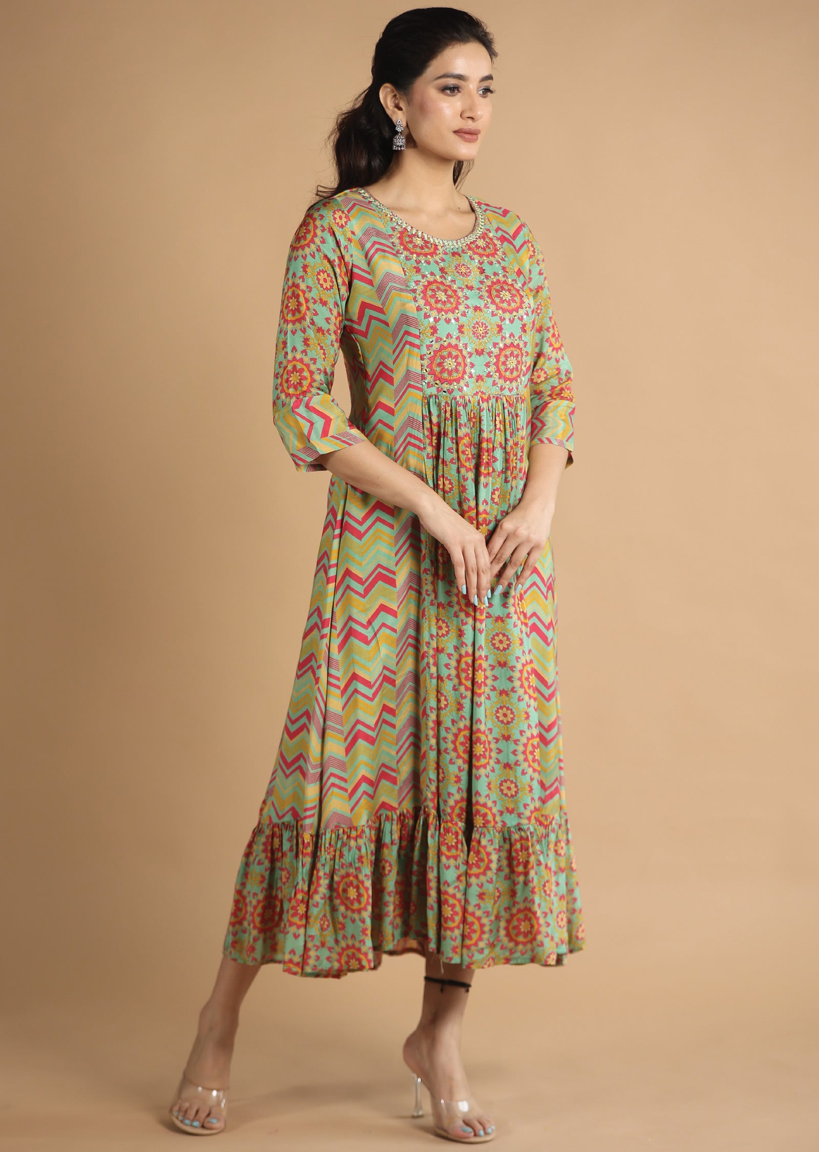 Green & Pink Muslin Kurti Frock Style