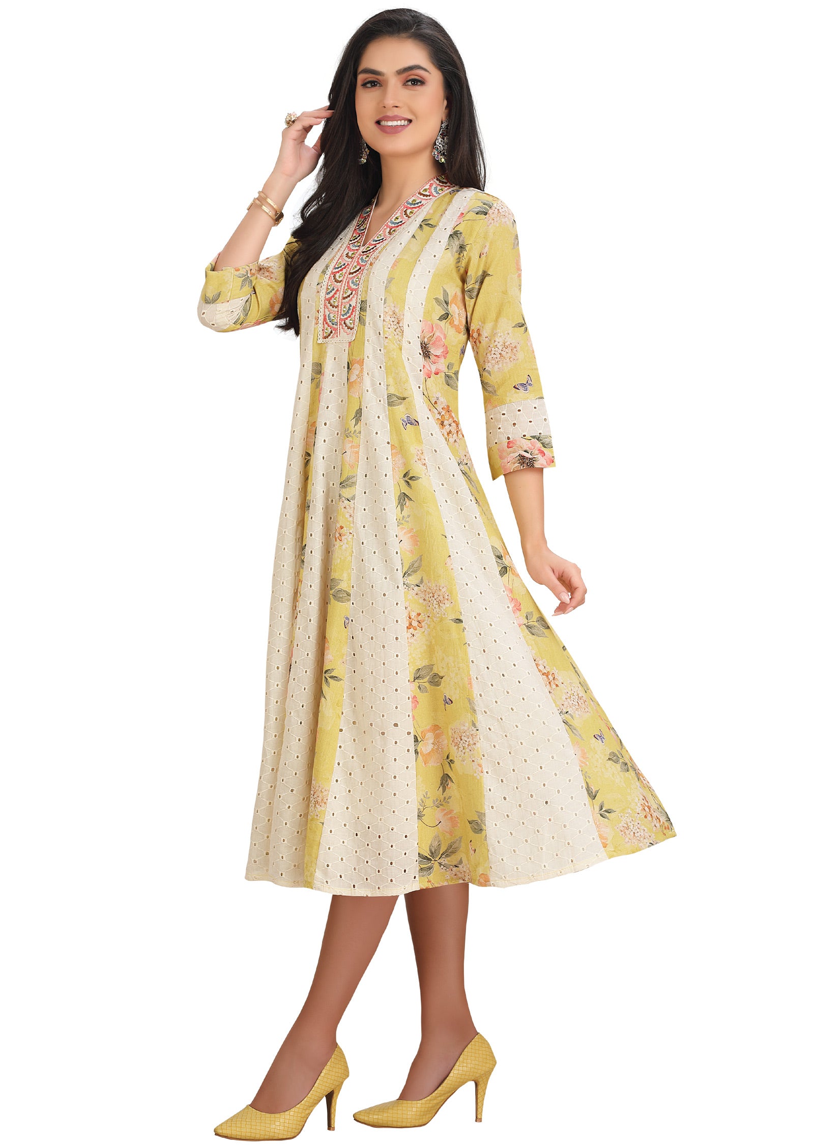 Yellow & Off White Cotton Kurti Frock Style