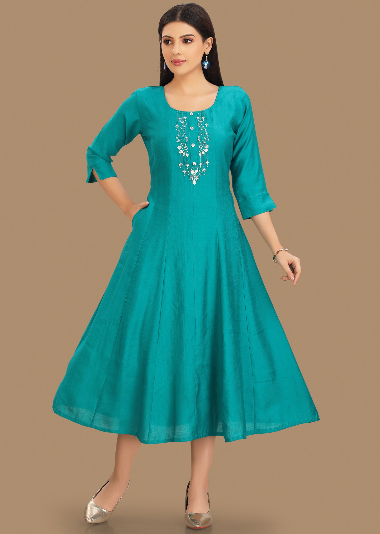 Rama Green Soft Silk Kurti Frock Style