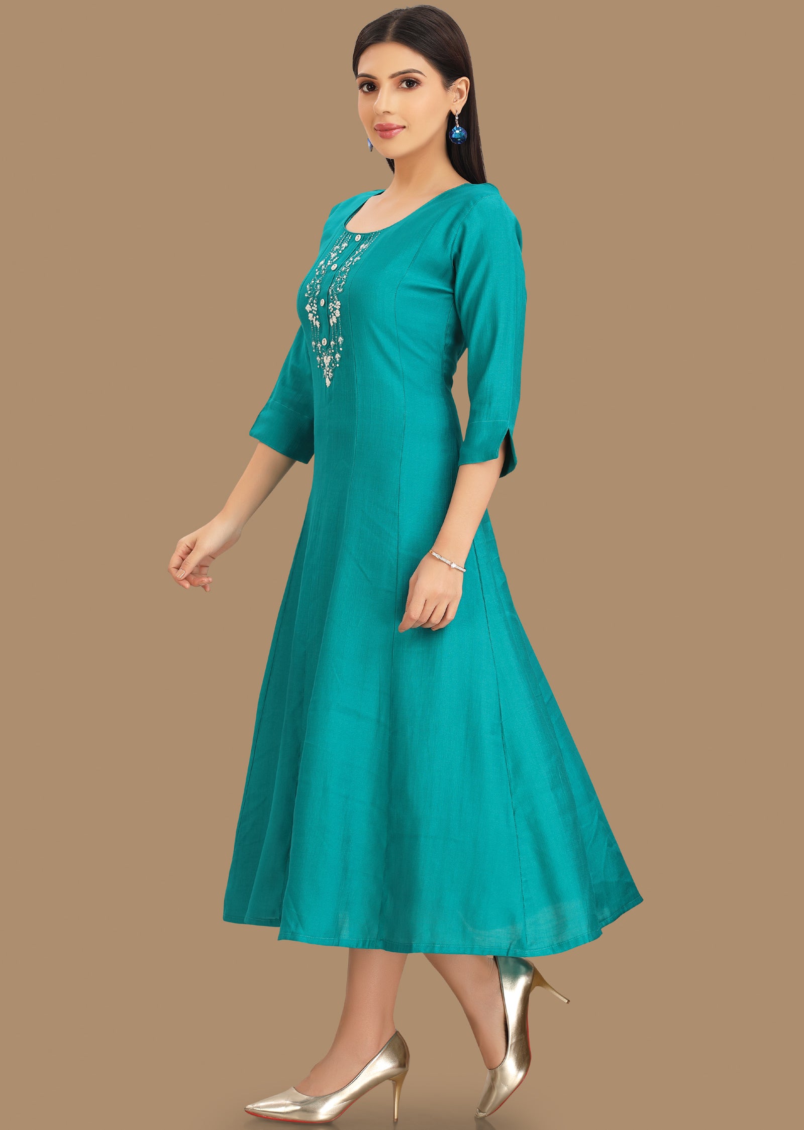 Rama Green Soft Silk Kurti Frock Style