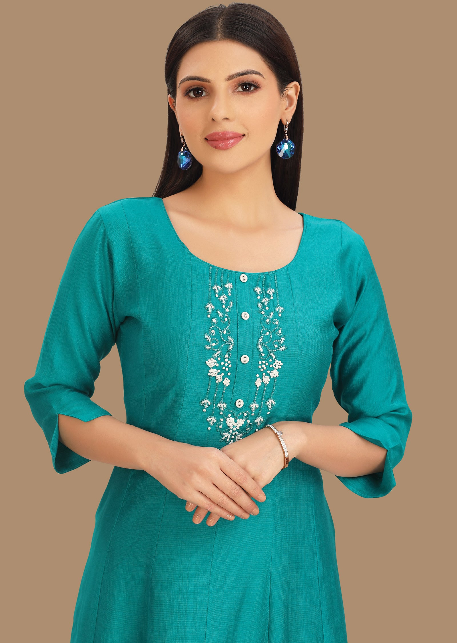 Rama Green Soft Silk Kurti Frock Style