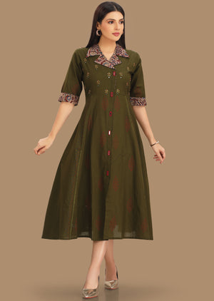 Olive Green Cotton Kurti Frock Style