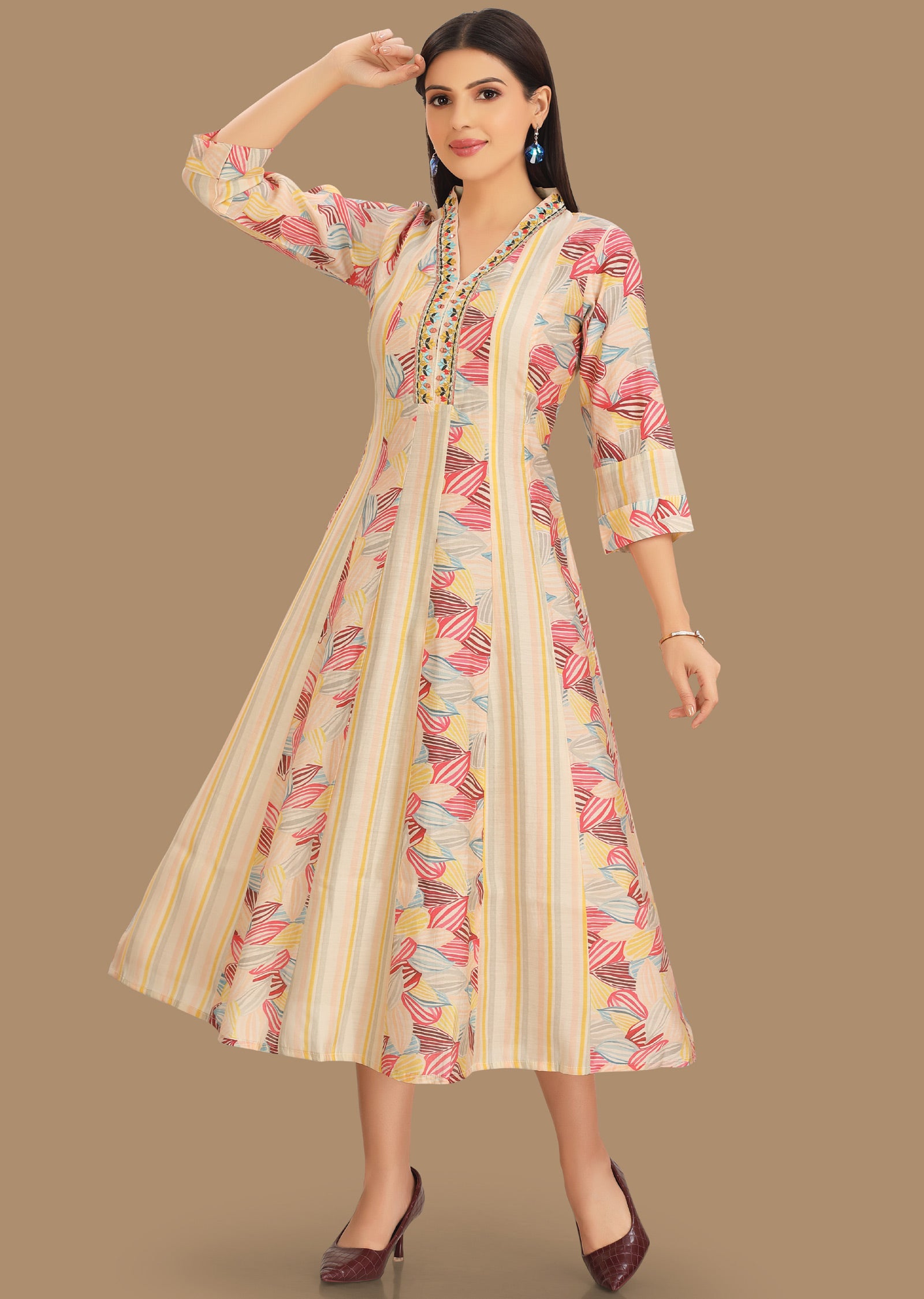 Cream Muslin Kurti Frock Style