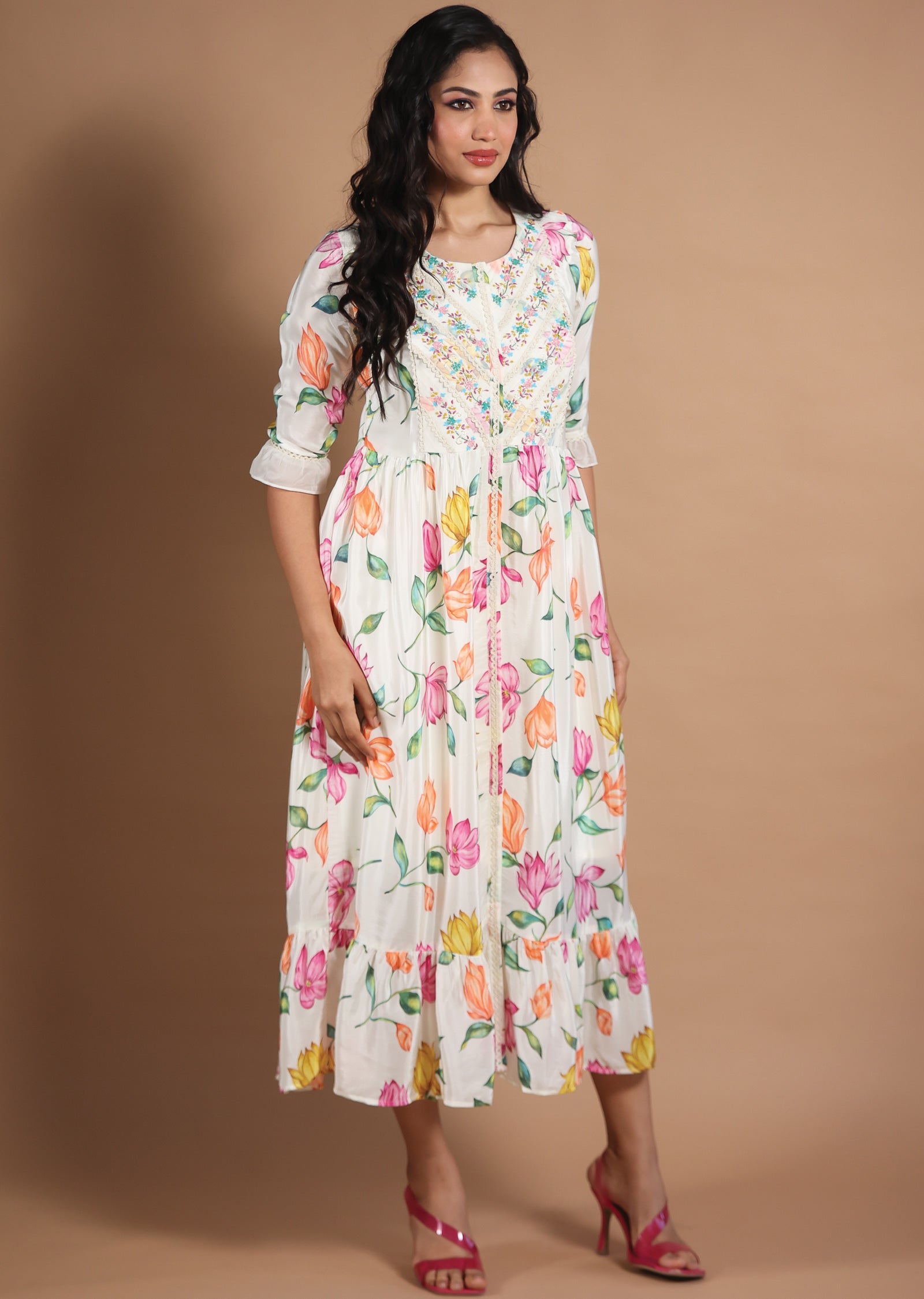 Cream Crepe Kurti Frock Style