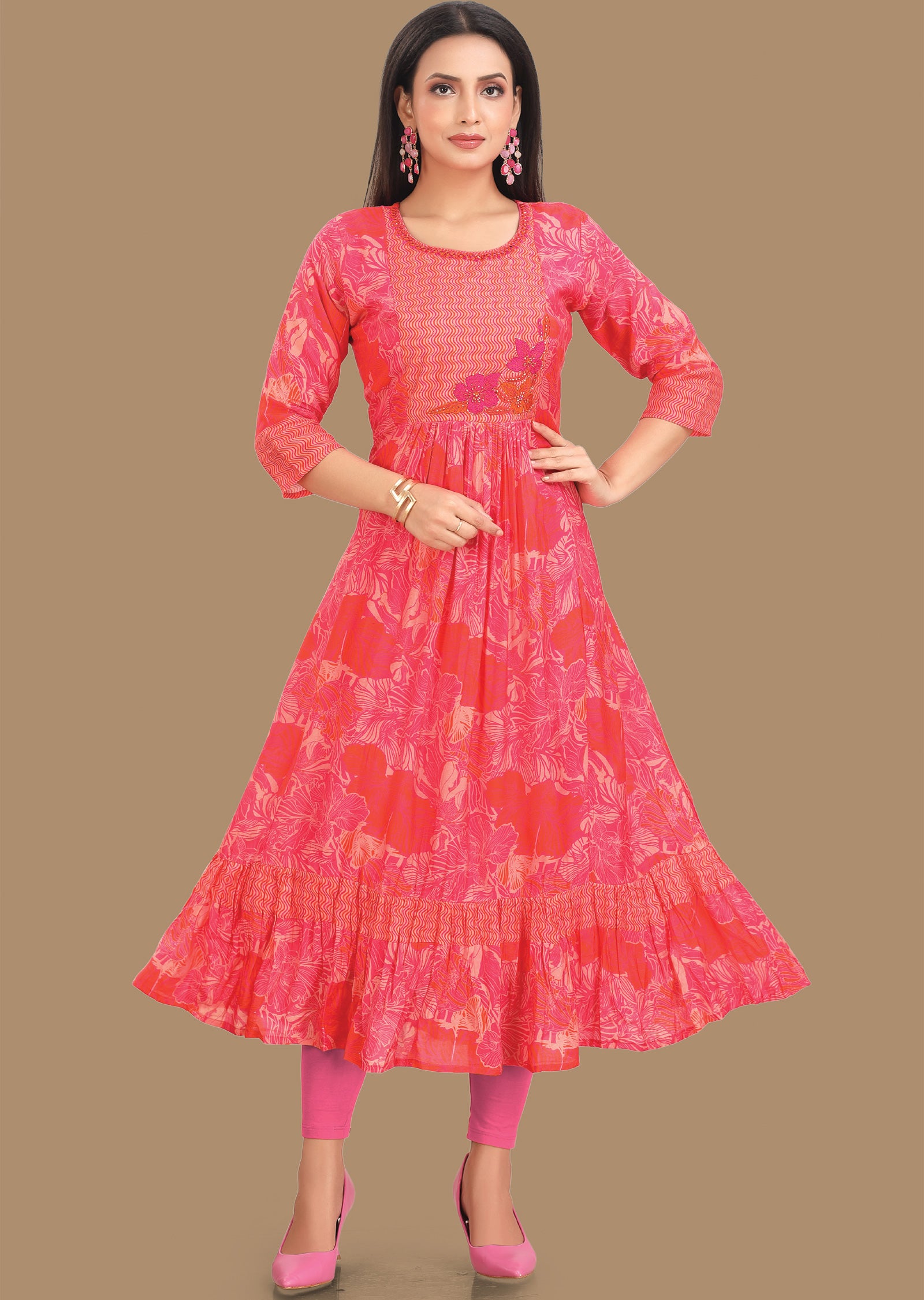 Rani Pink & Orange Muslin Kurti Frock Style