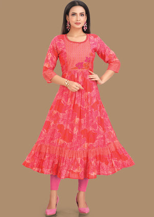 Rani Pink & Orange Muslin Kurti Frock Style