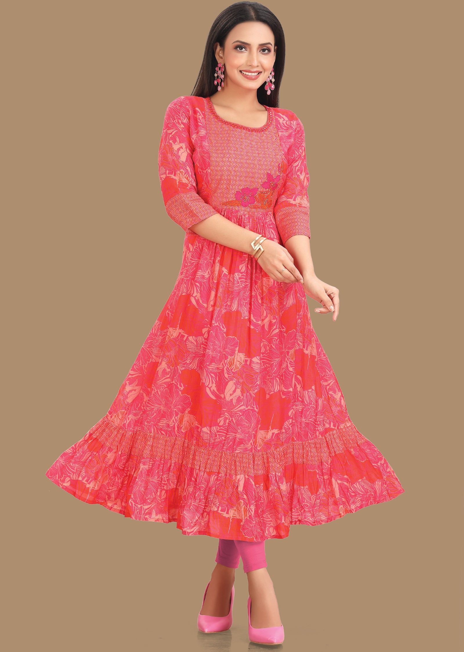 Rani Pink & Orange Muslin Kurti Frock Style