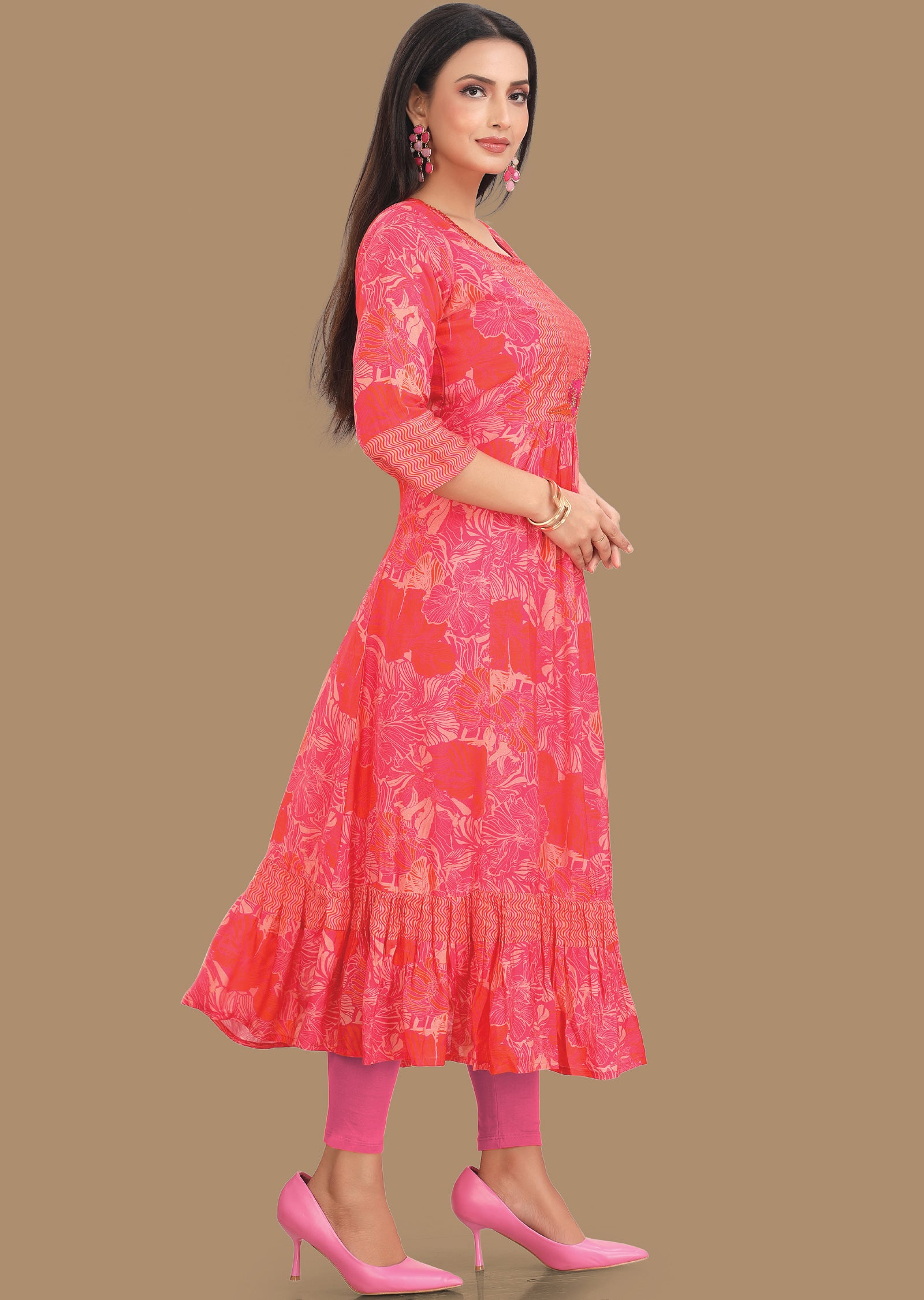 Rani Pink & Orange Muslin Kurti Frock Style