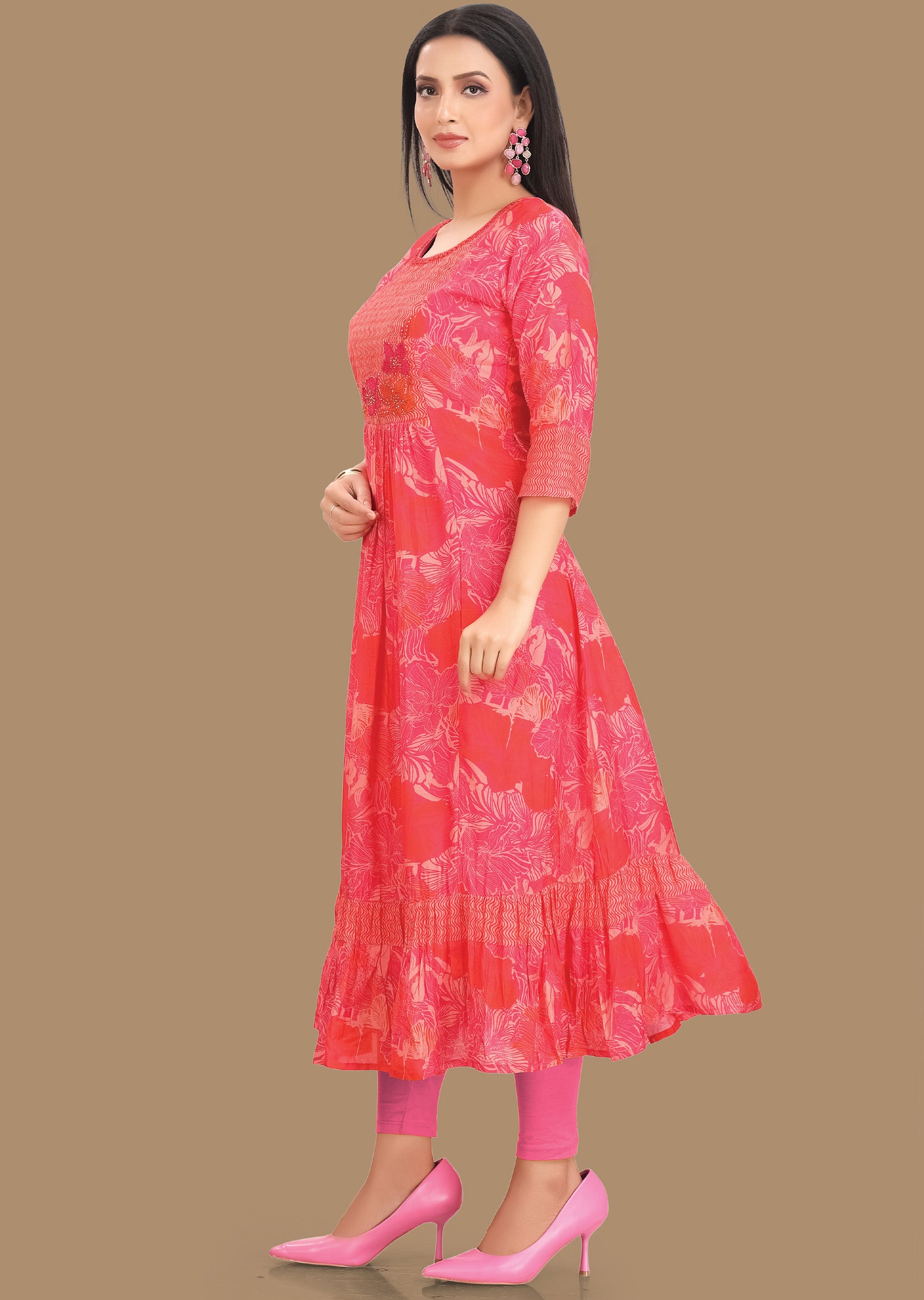 Rani Pink & Orange Muslin Kurti Frock Style