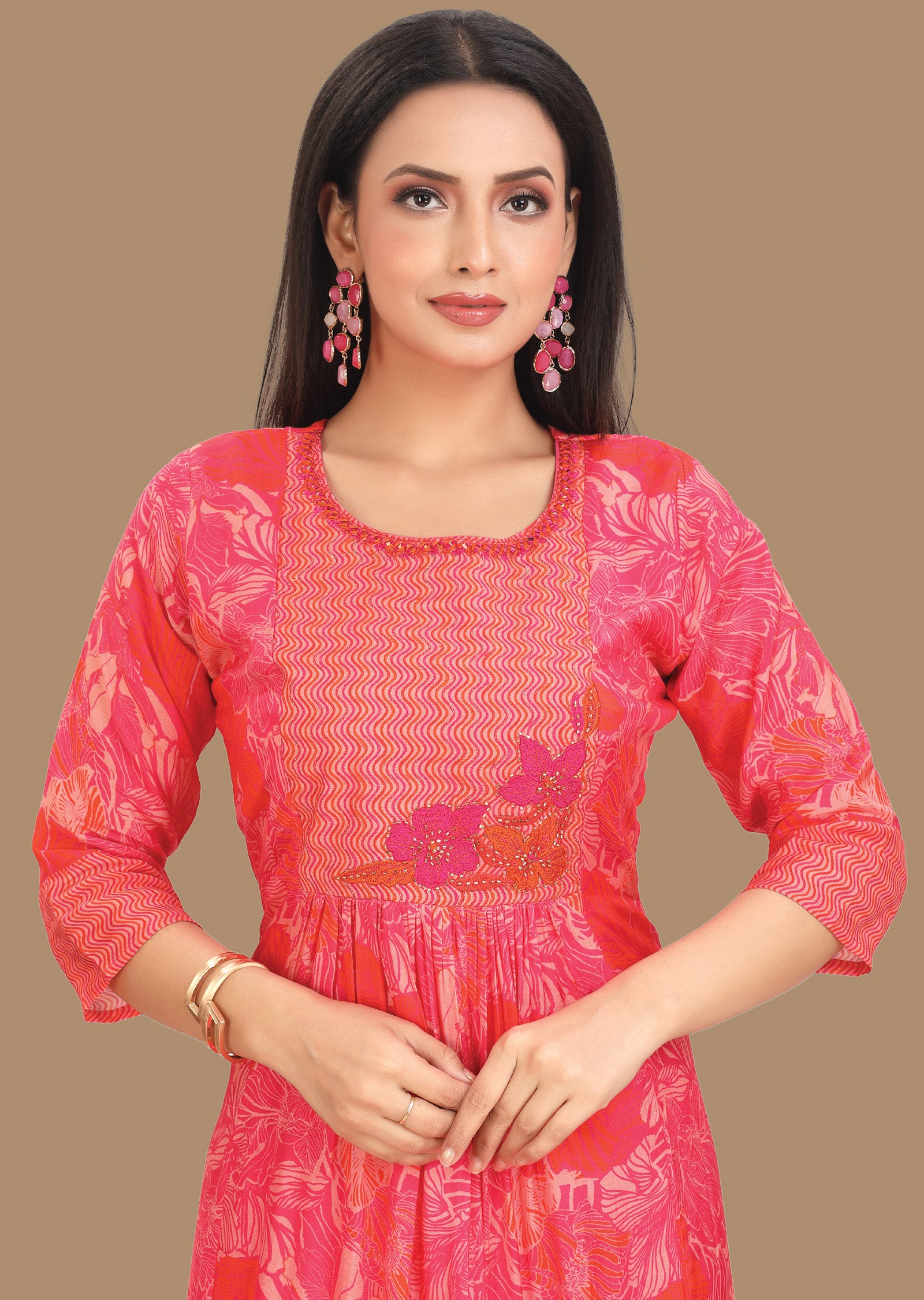 Rani Pink & Orange Muslin Kurti Frock Style