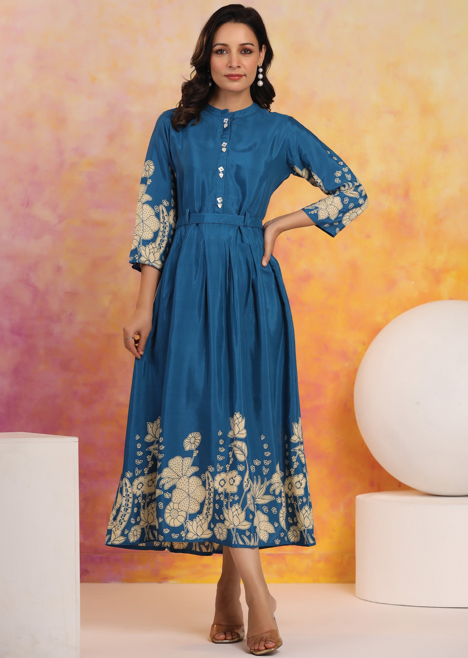 Teal Blue Muslin Kurti Frock Style