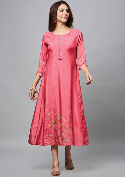 Coral Pink Dola Silk Midi Dress