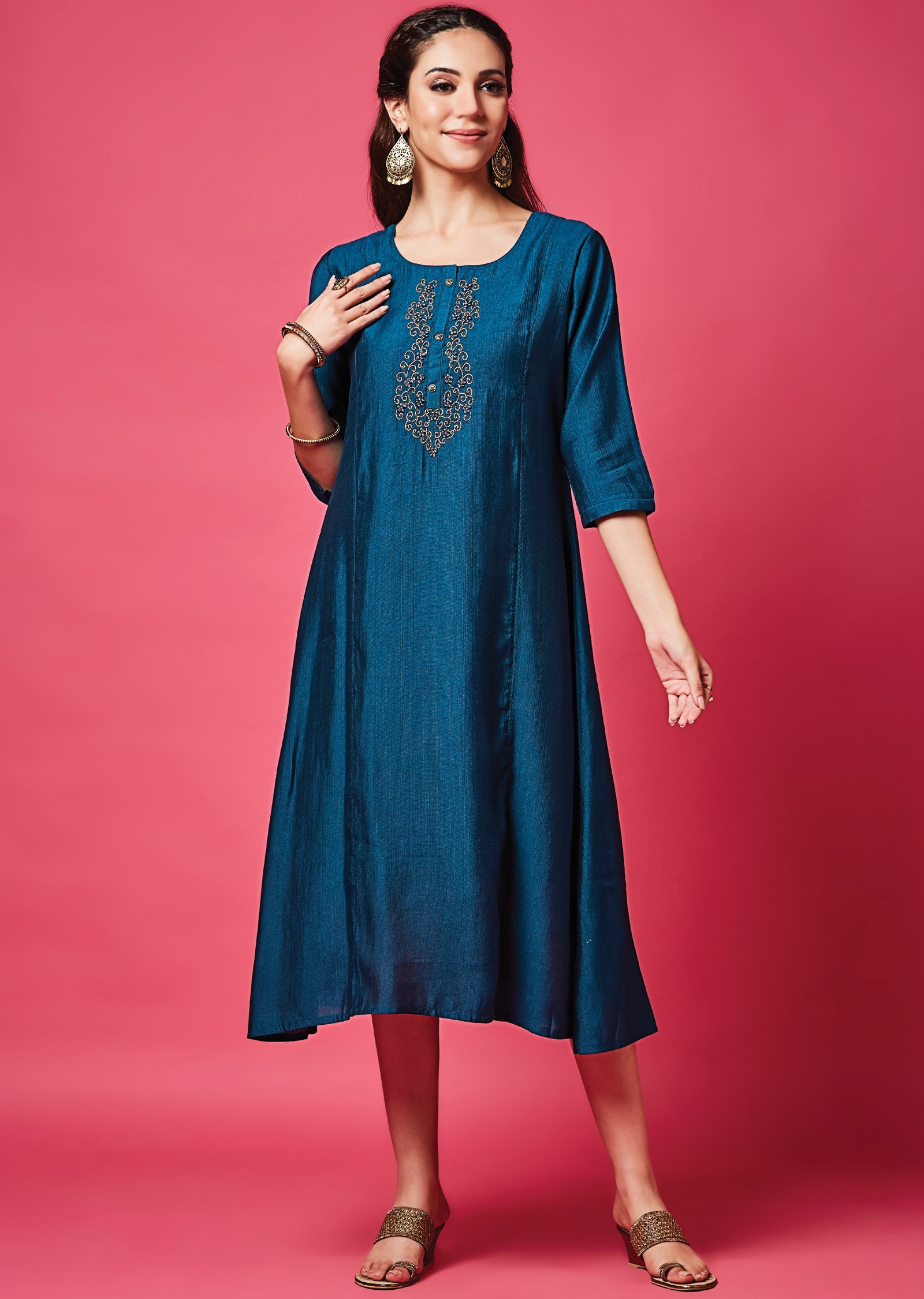 Teal Blue Soft Silk Midi Dress