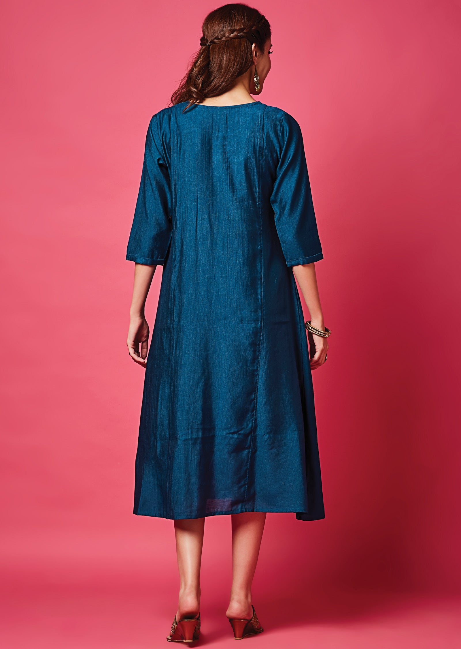 Teal Blue Soft Silk Midi Dress