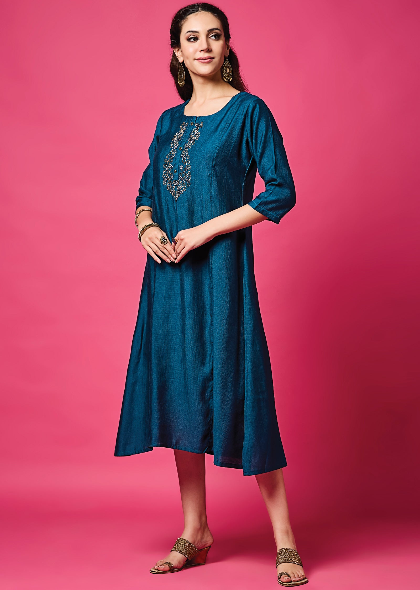 Teal Blue Soft Silk Midi Dress