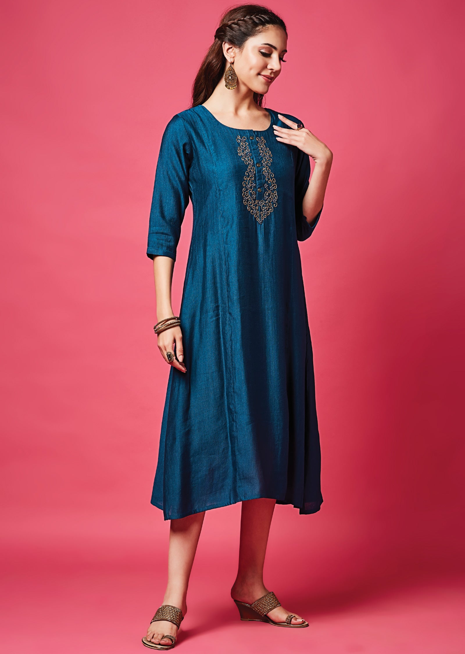 Teal Blue Soft Silk Midi Dress