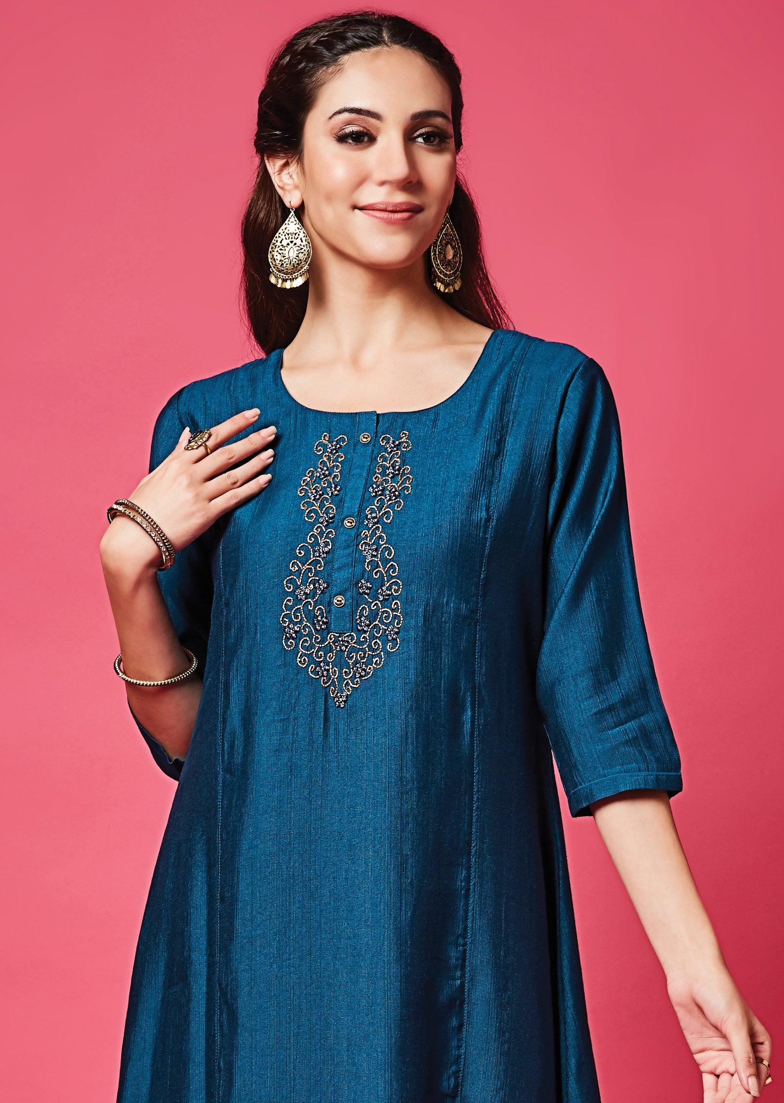 Teal Blue Soft Silk Midi Dress