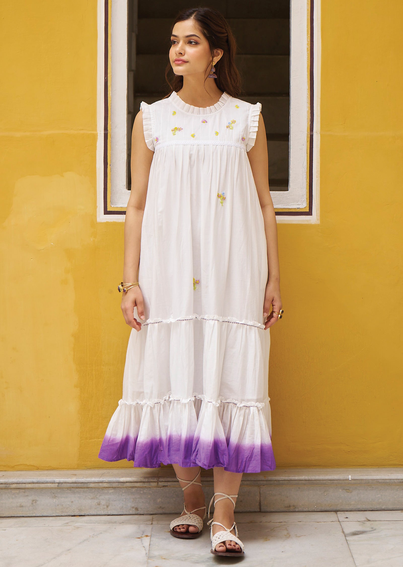 Off White & Purple Cotton Midi Dress