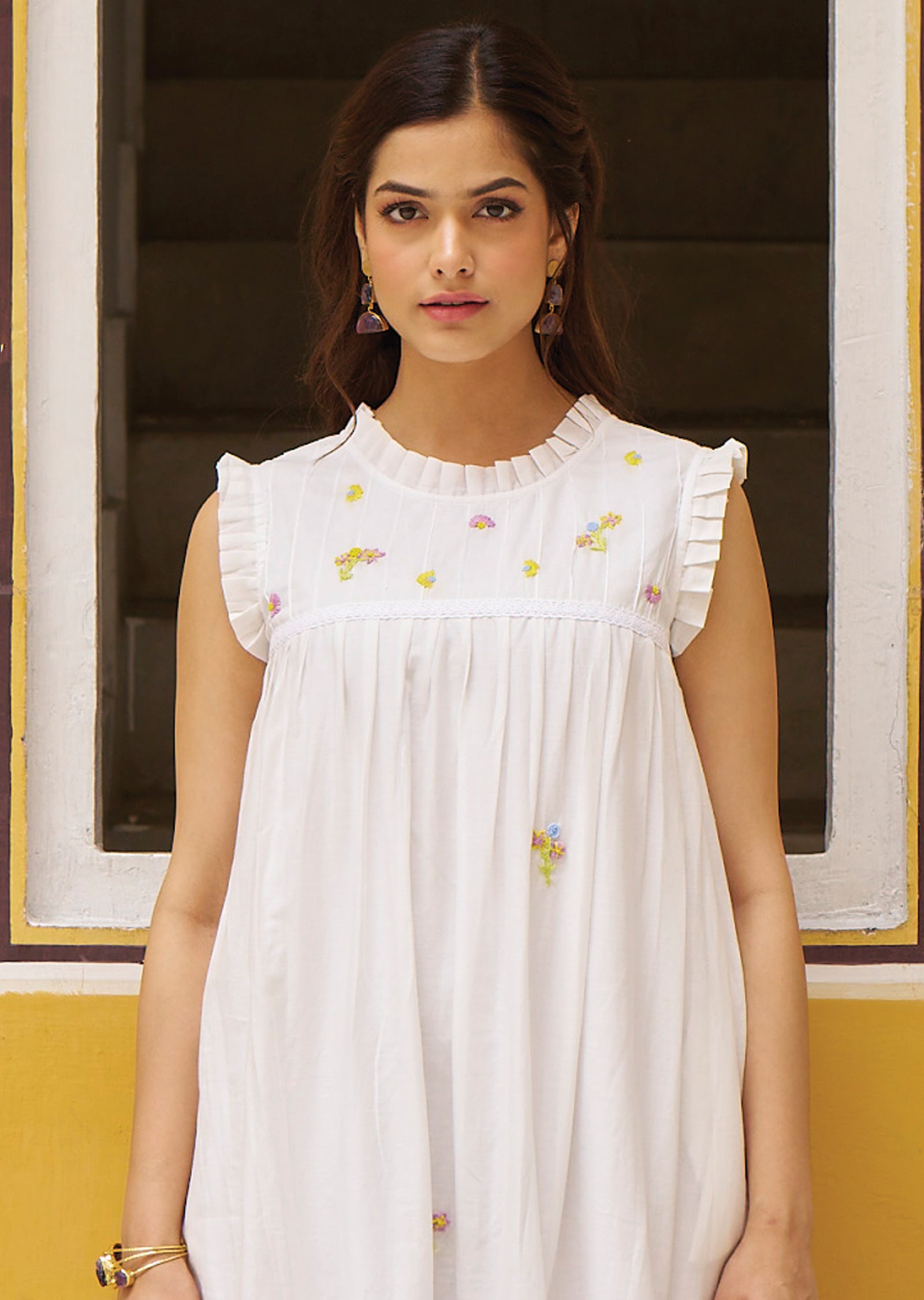 Off White & Purple Cotton Midi Dress