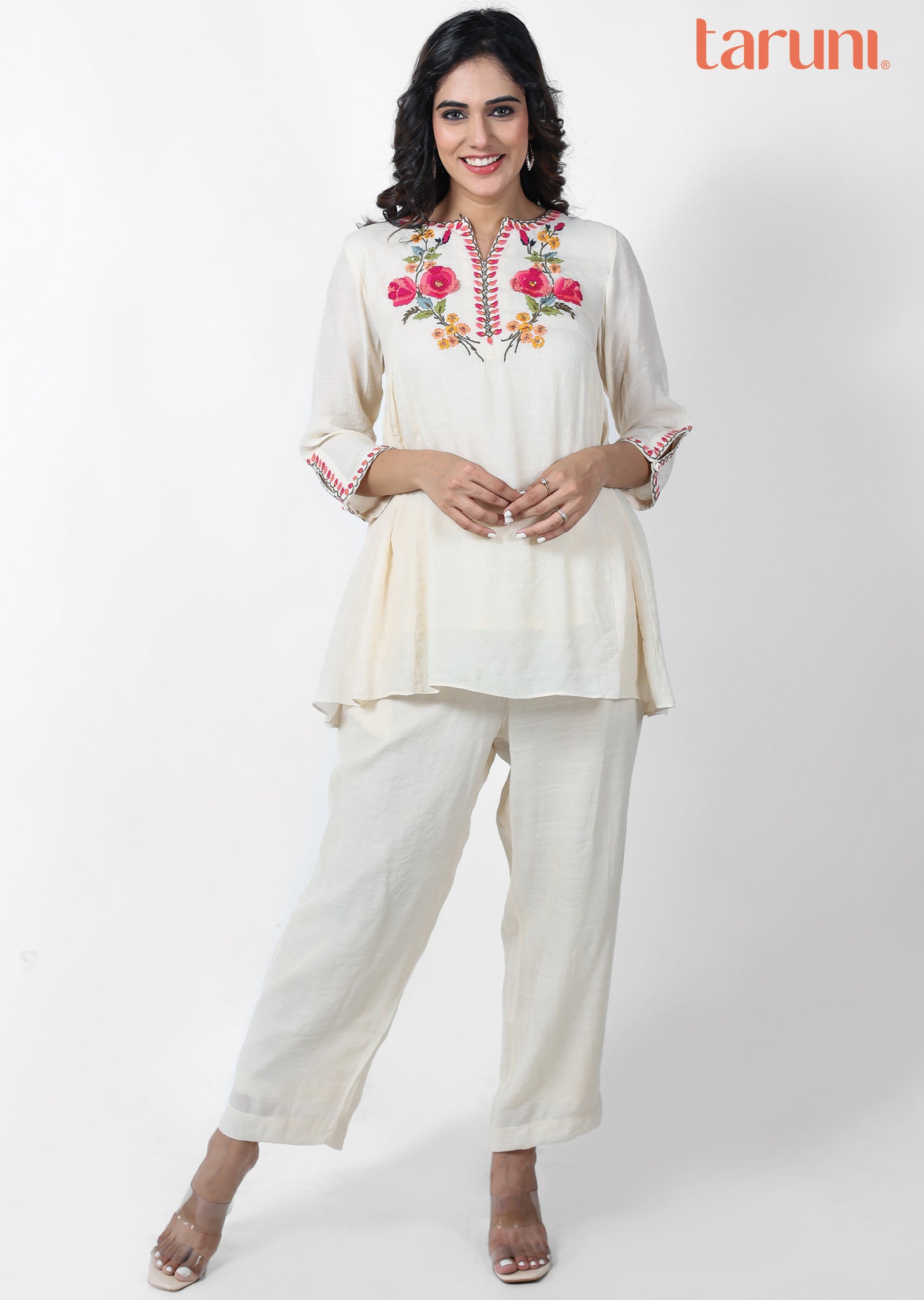 Beige Linen georgette Embroidered Co-Ord Set