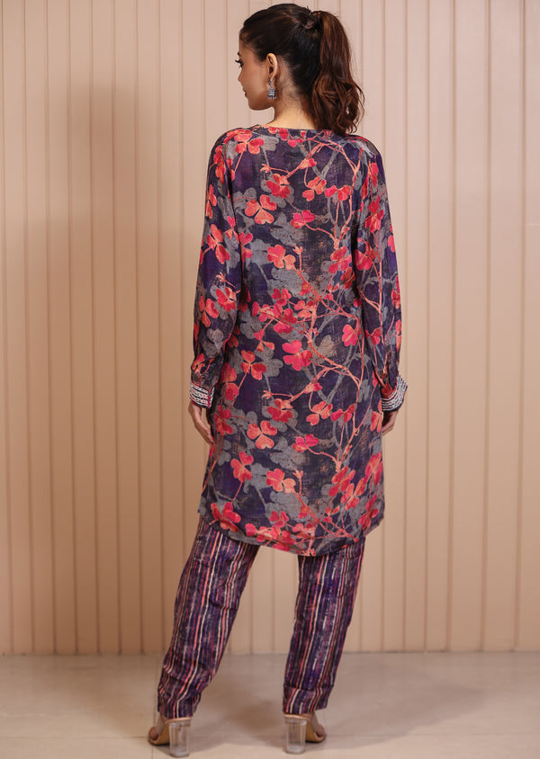 Women Poly Viscose Purple Embroidered Co-Ord Set main image 0