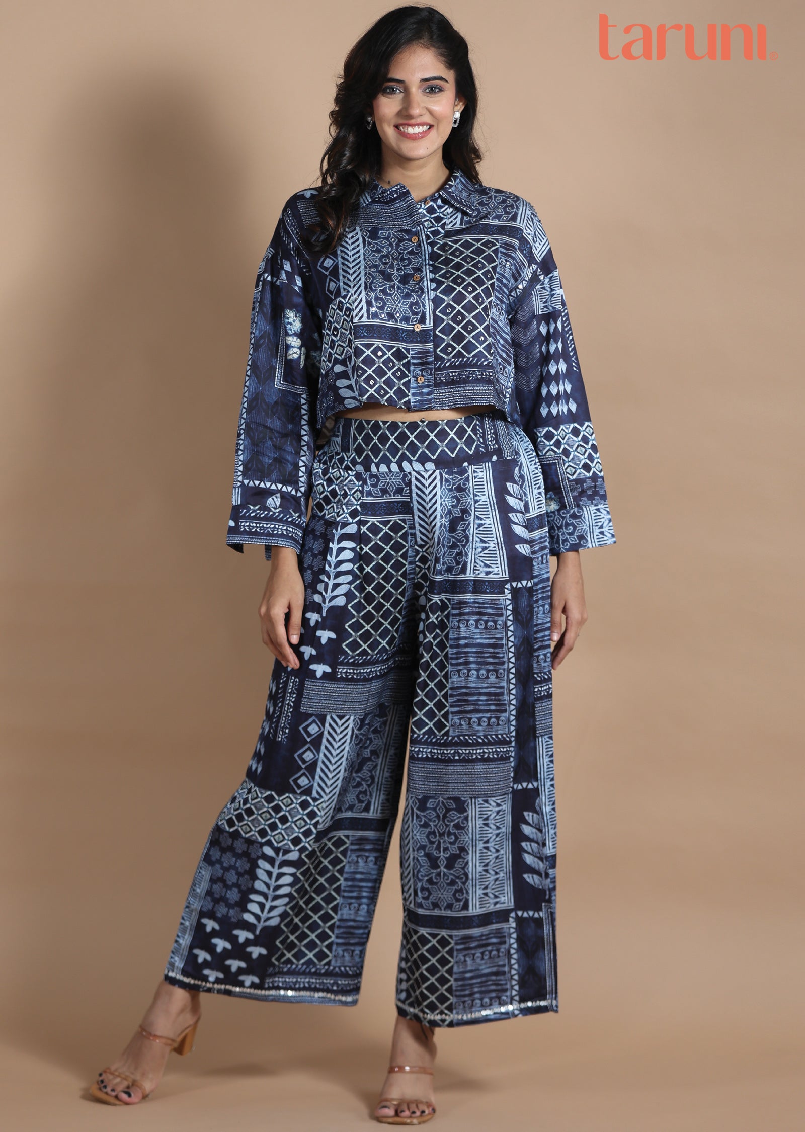 Navy Blue Linen Satin Co-Ord Set