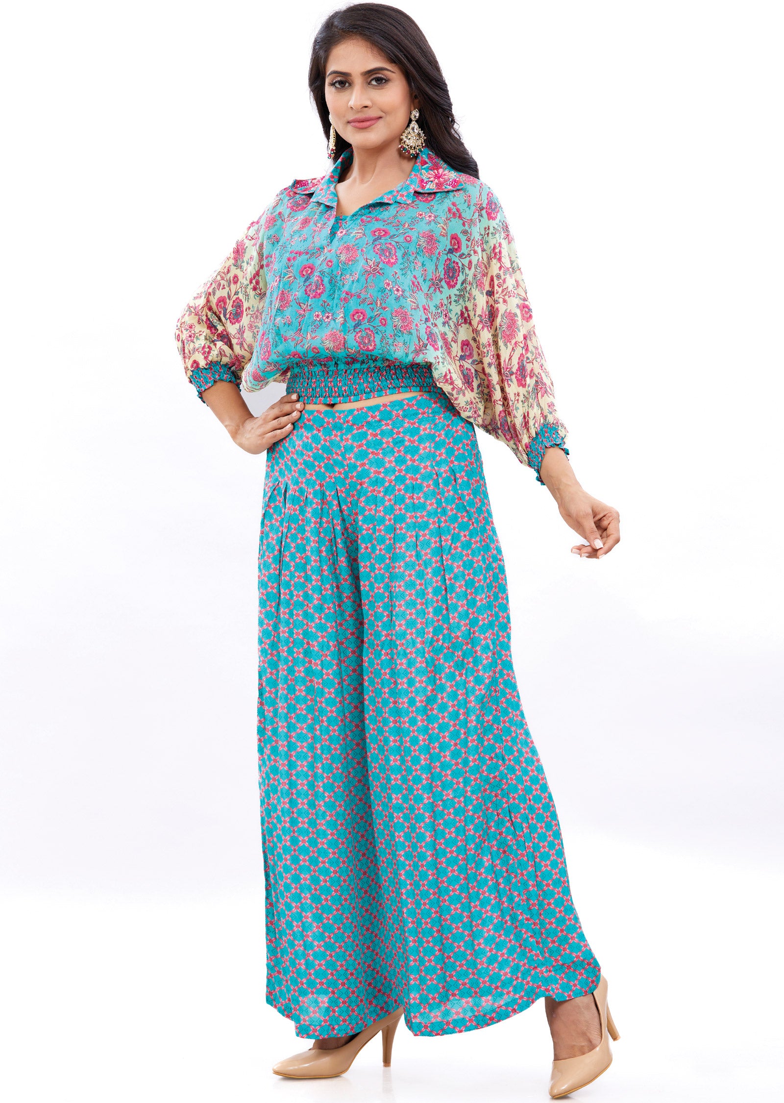 Sea Green & Pink Printed Co-Ord Set with Palazzo