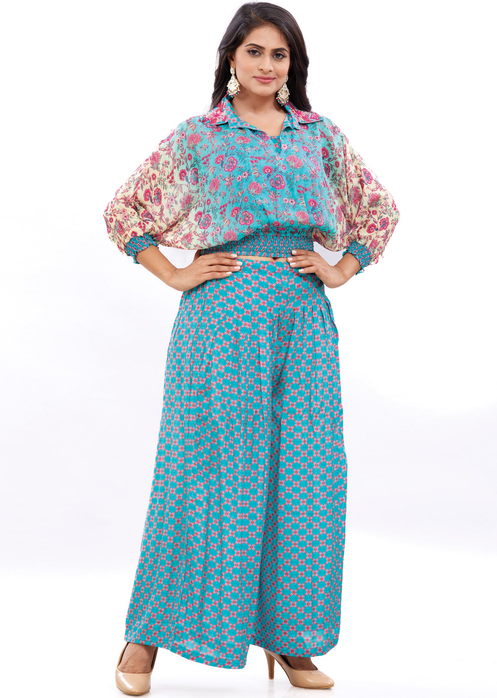 Sea Green & Pink Printed Co-Ord Set with Palazzo