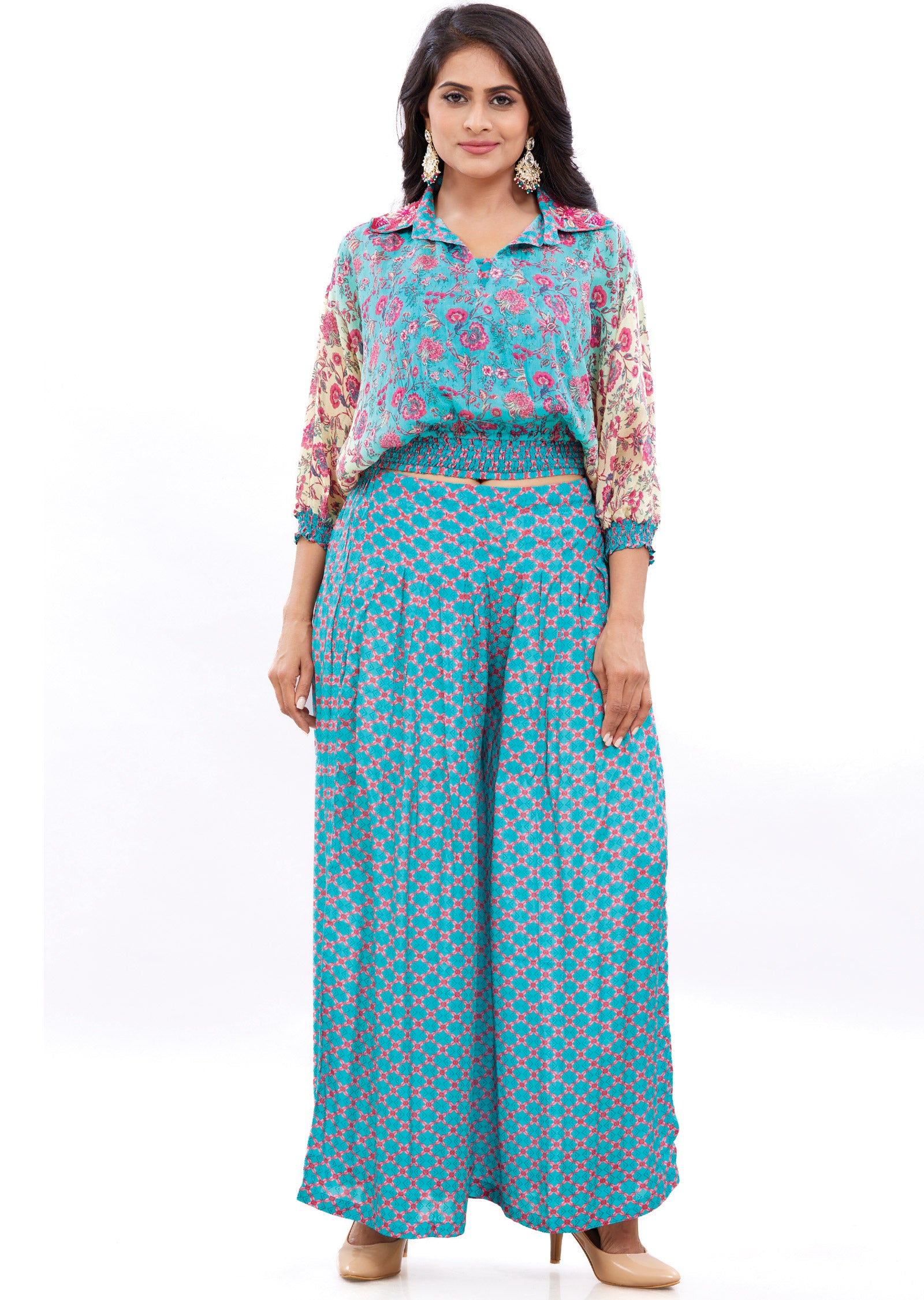 Sea Green & Pink Printed Co-Ord Set with Palazzo