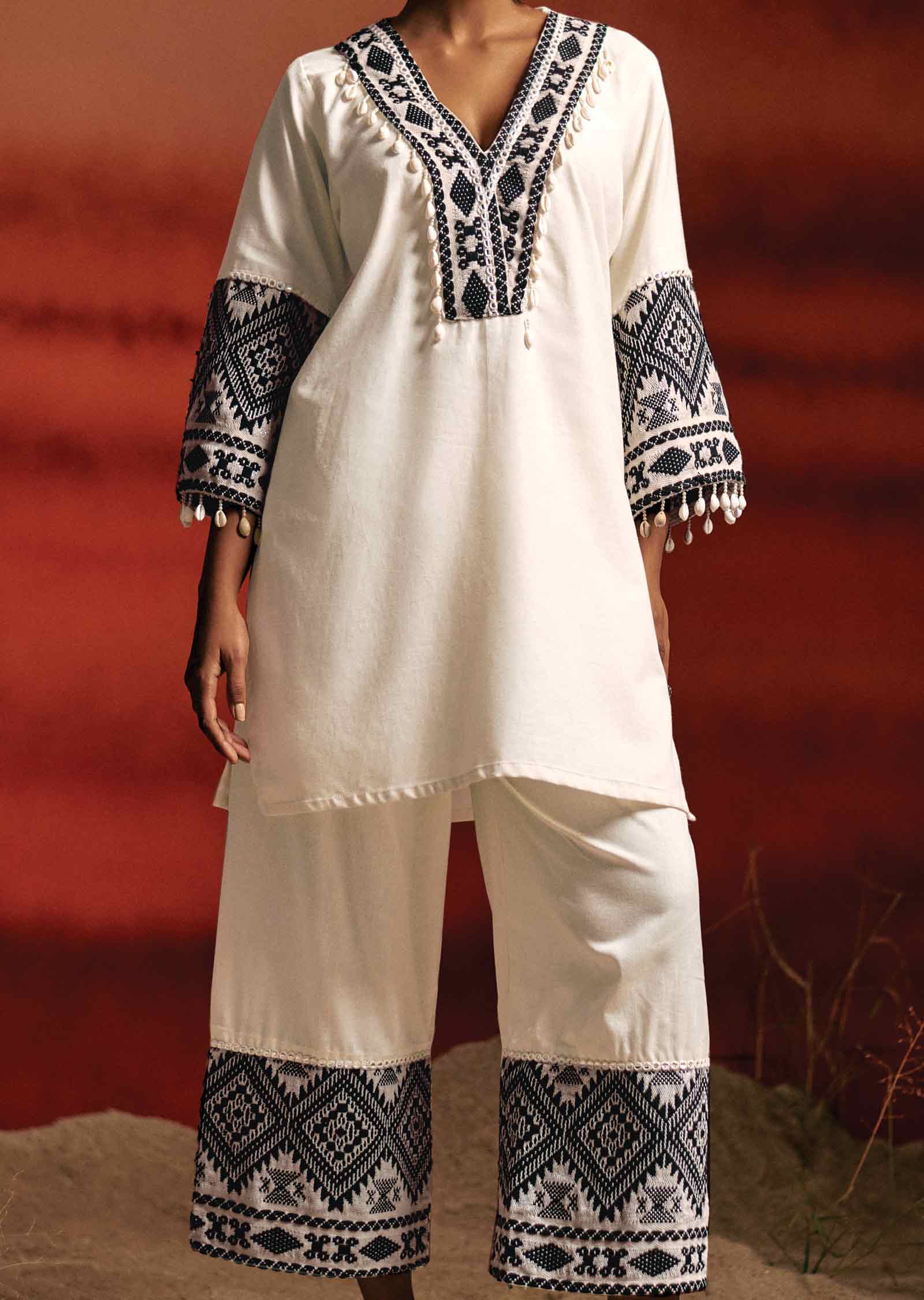 Off White Linen Black Weaving & Stitch Work Co-Ord Set