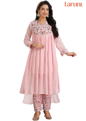 Baby Pink Georgette Embroidered Kurti Sets