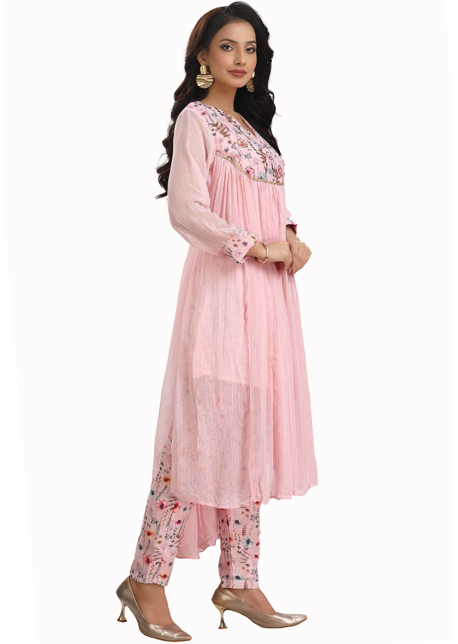 Baby Pink Georgette Embroidered Kurti Sets