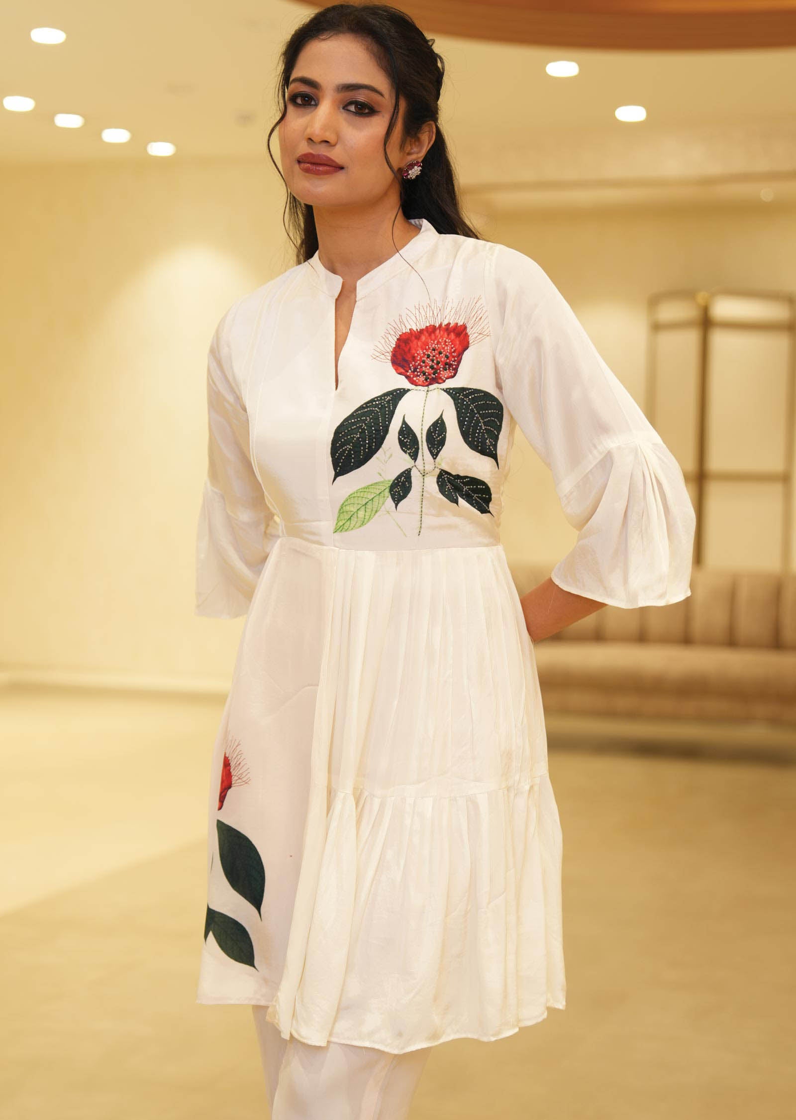 Cream Crepe Printed Kurti Sets