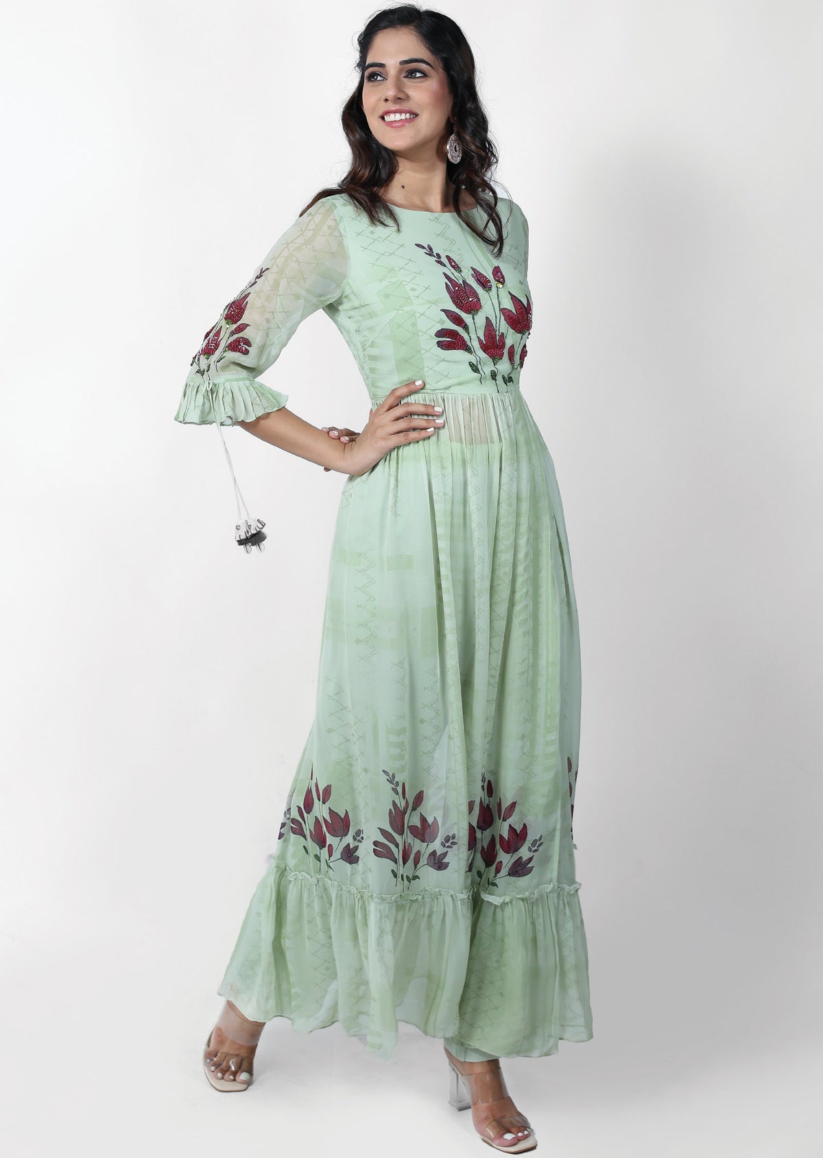 Green Georgette Embroidered Shoulder Knot Flared Short Kurti main image 0