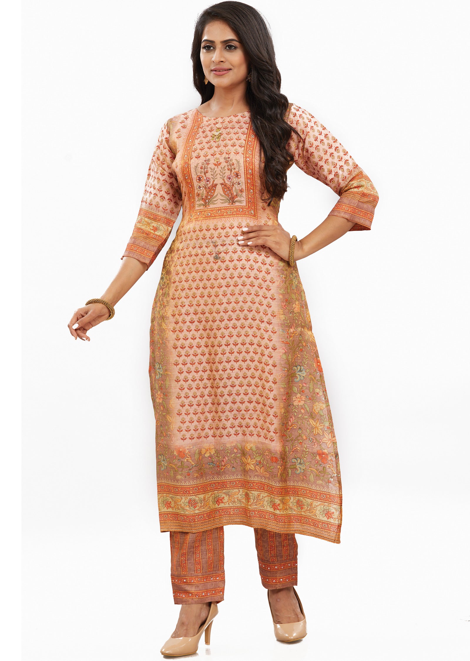 Peach Tissue Silk Kurti Sets