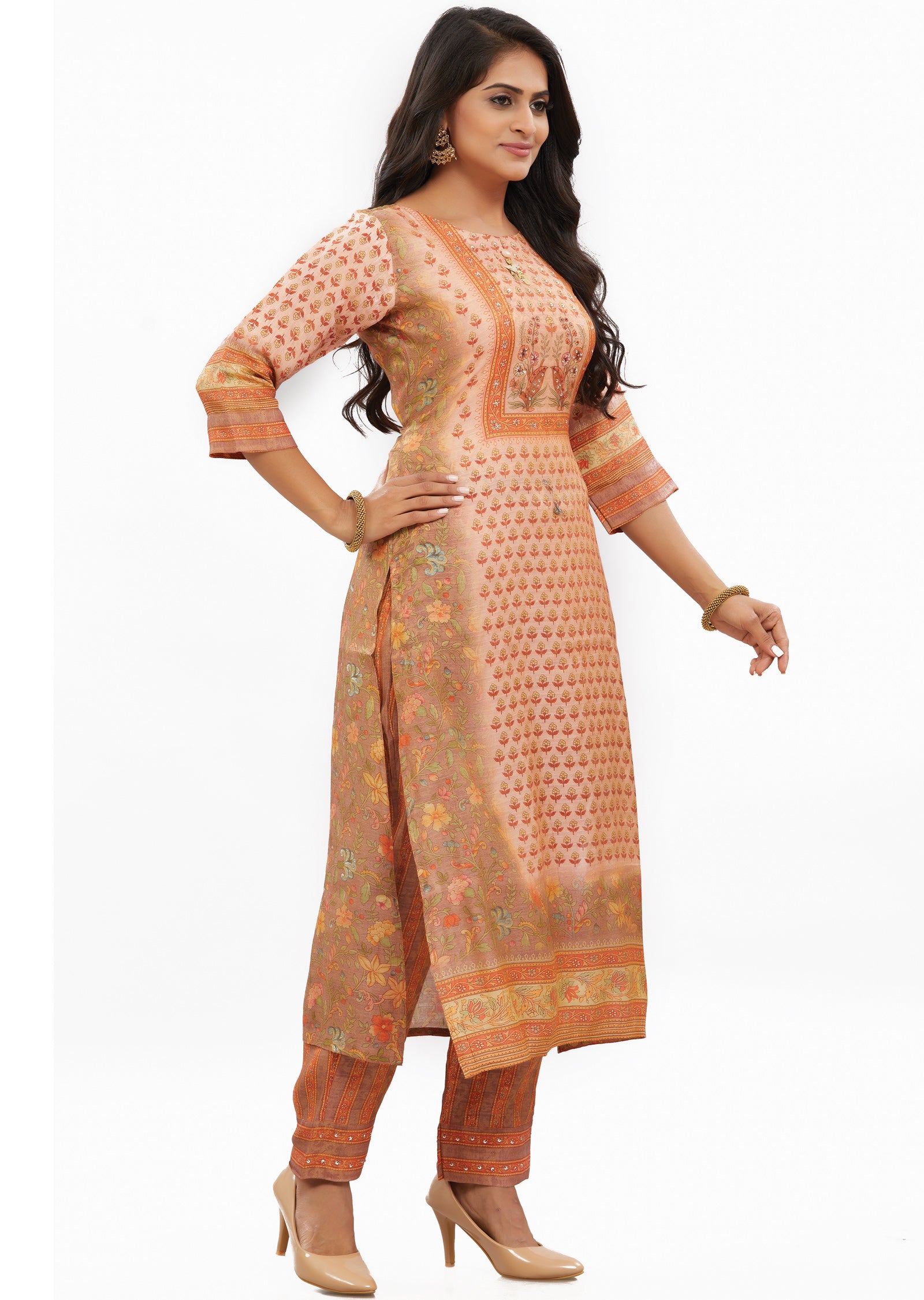 Peach Tissue Silk Kurti Sets